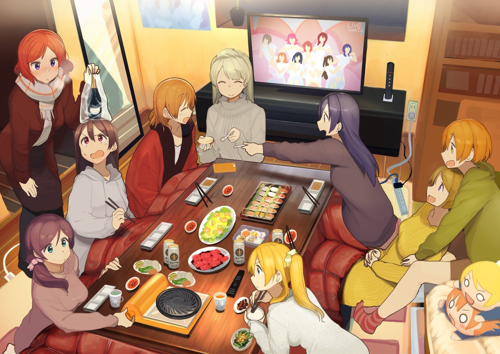 Love Live! girls enjoying a meal and watching TV HD Wallpaper