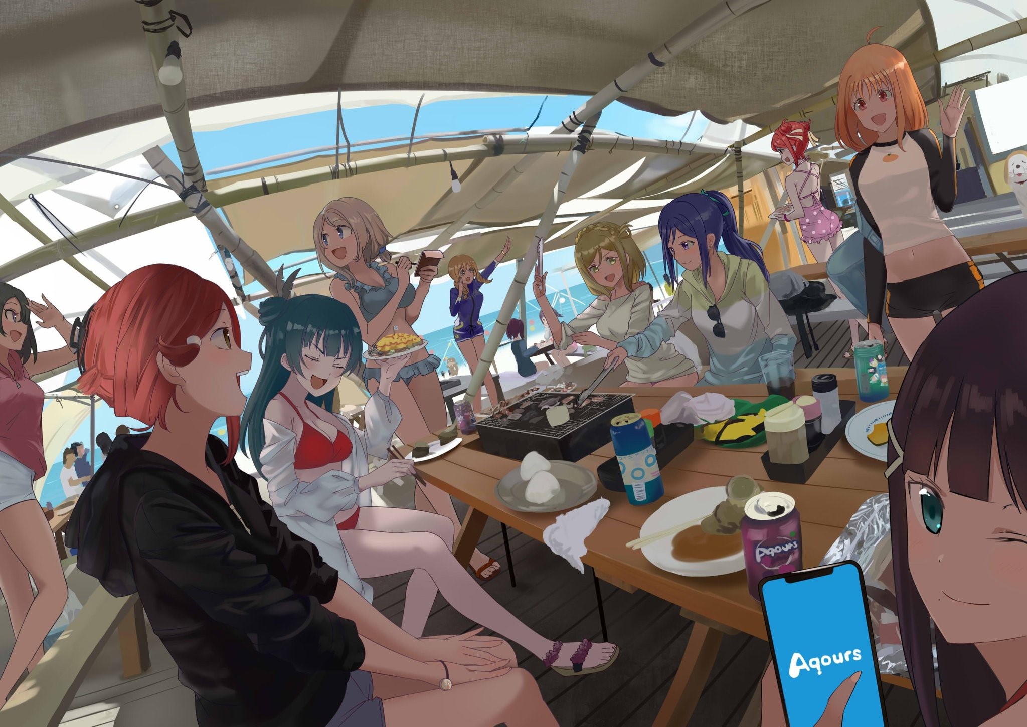 Aqours girls having a barbecue by the sea HD Wallpaper