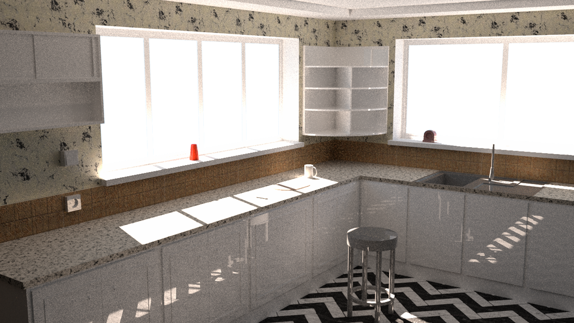 Modern kitchen interior with large windows and cabinets HD Wallpaper