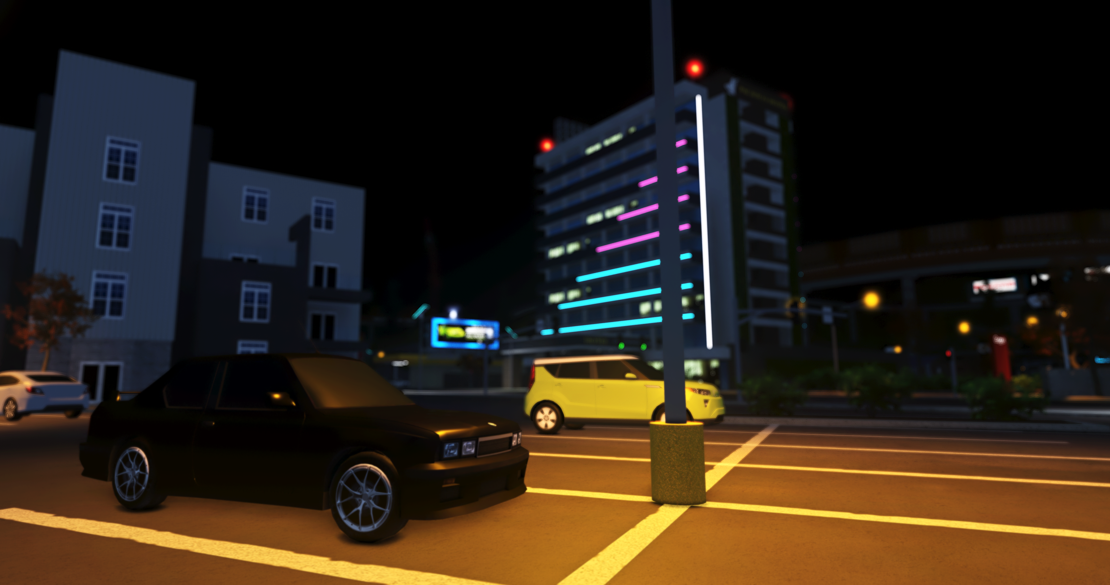 Black sedan and yellow car on a city street at night HD Wallpaper