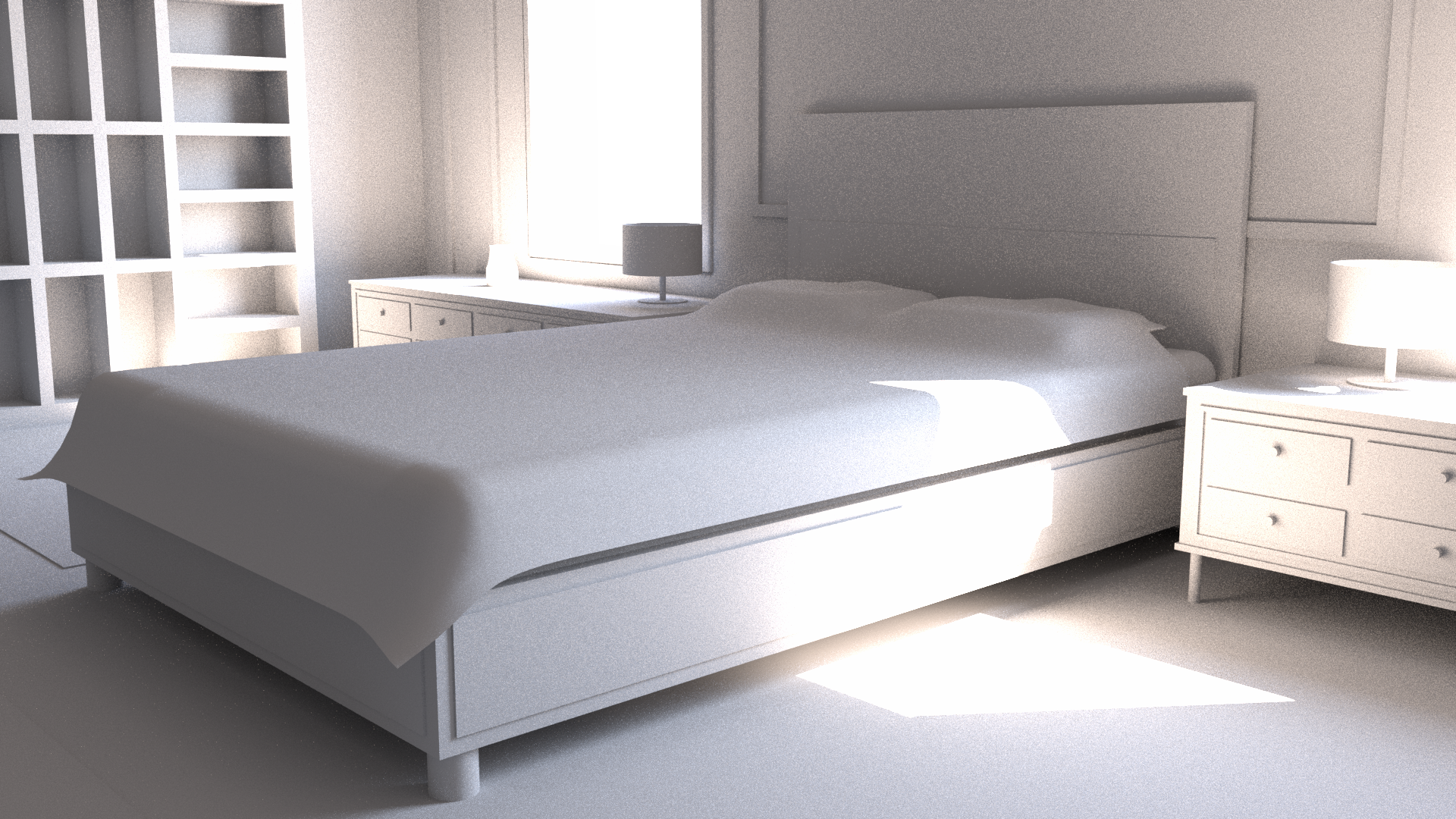 3D render of a white bedroom with a bed and bookshelf HD Wallpaper