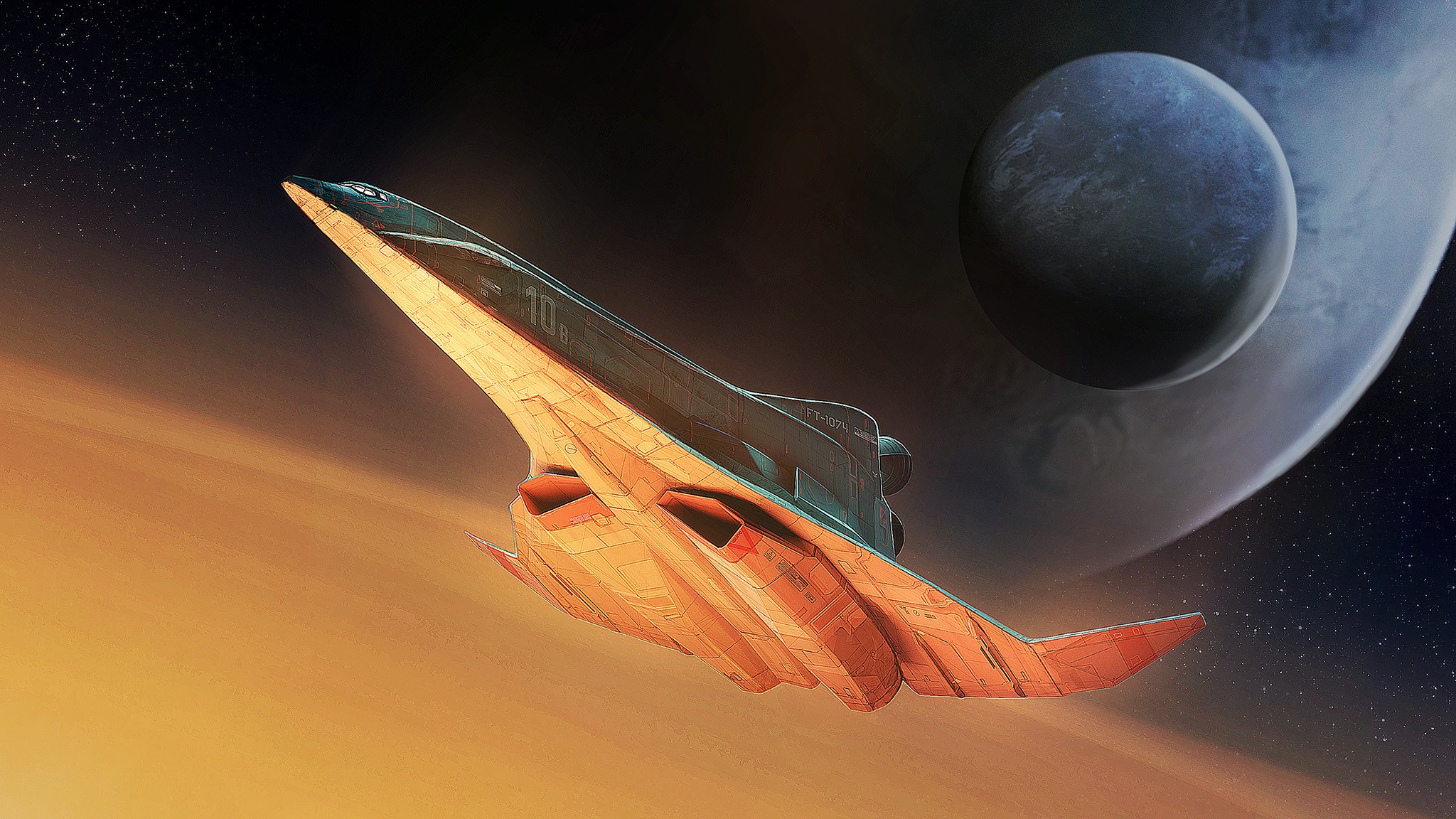 Spaceship flying near a planet in space HD Wallpaper