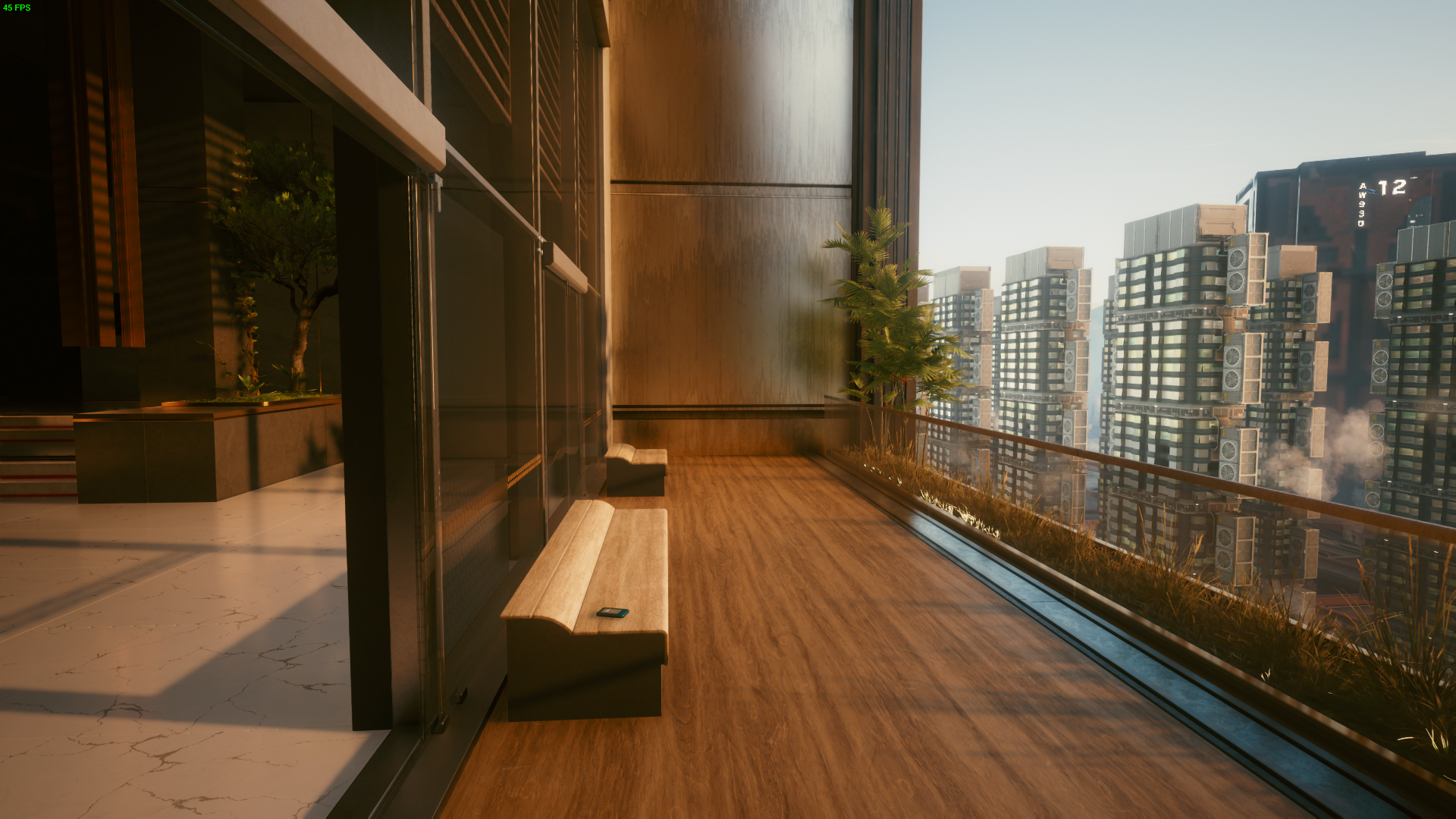 Cyberpunk 2077 balcony view of city buildings HD Wallpaper