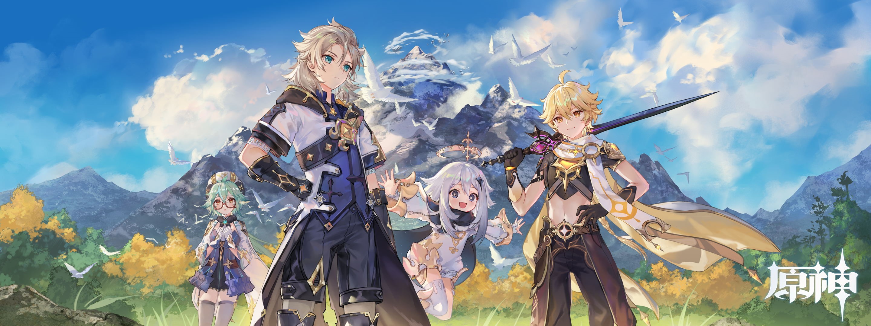 Characters from Genshin Impact in a mountainous landscape HD Wallpaper