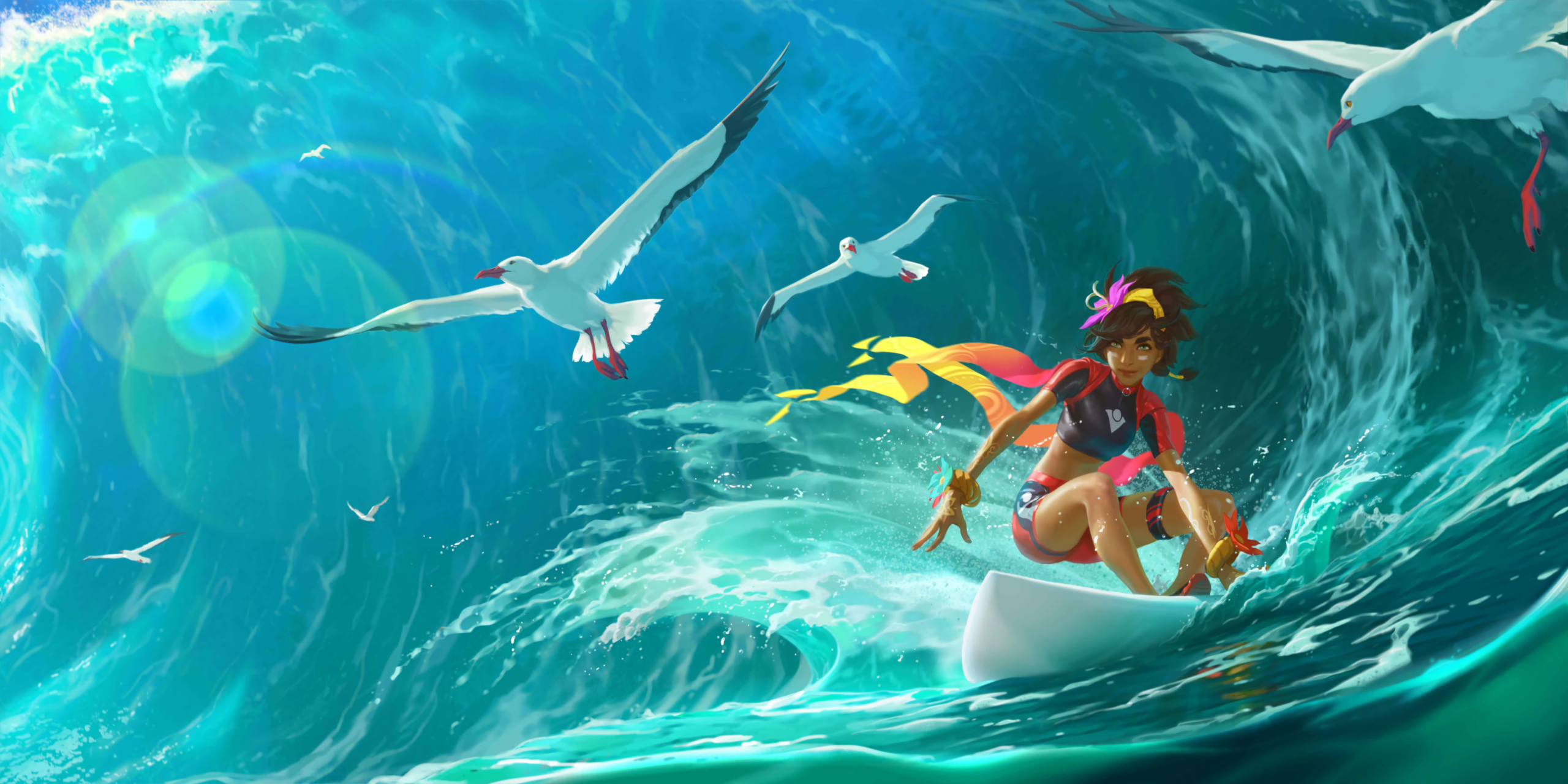 Taliyah surfing a giant wave HD Wallpaper