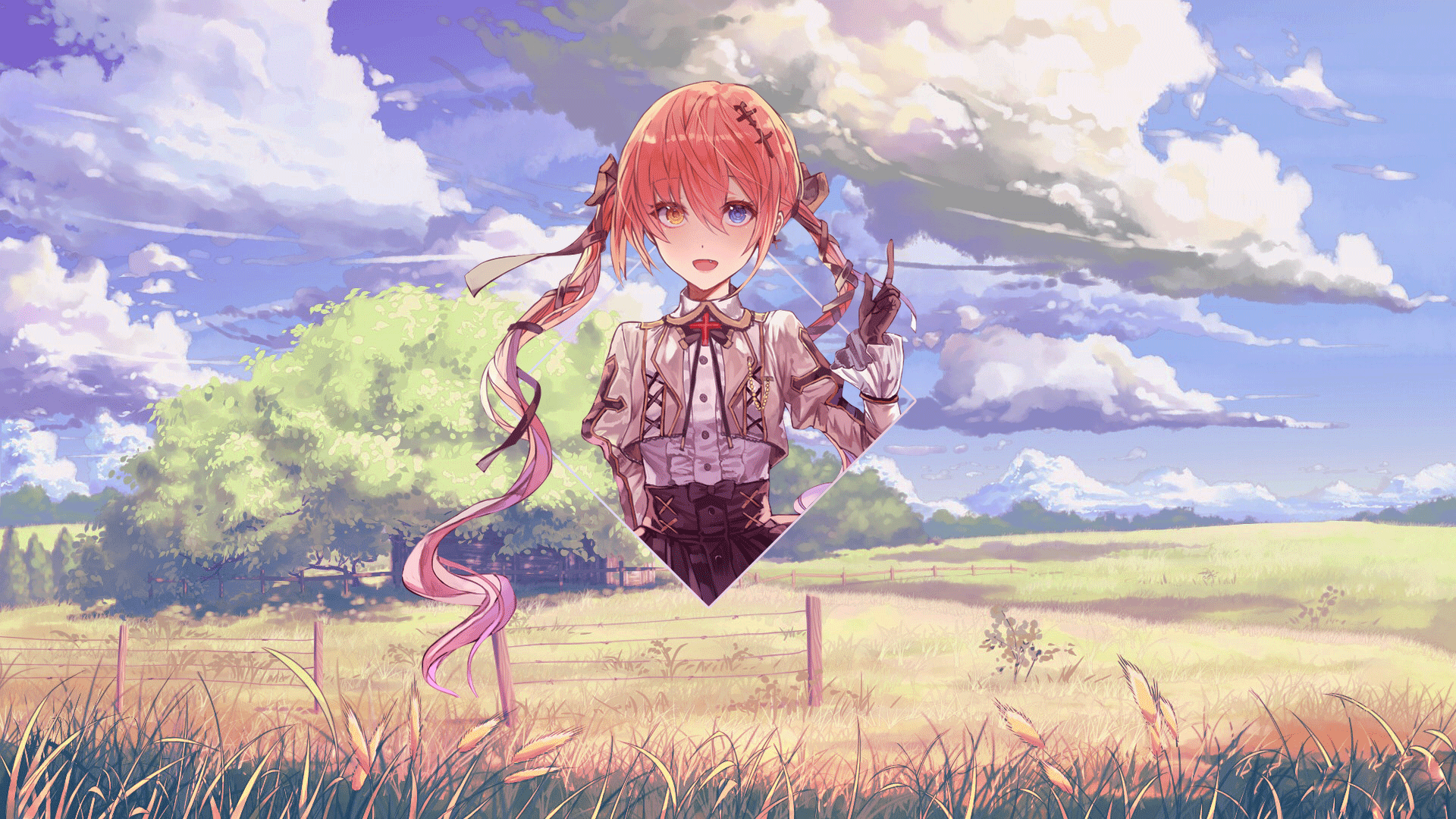 Anime girl with pigtails in a field HD Wallpaper