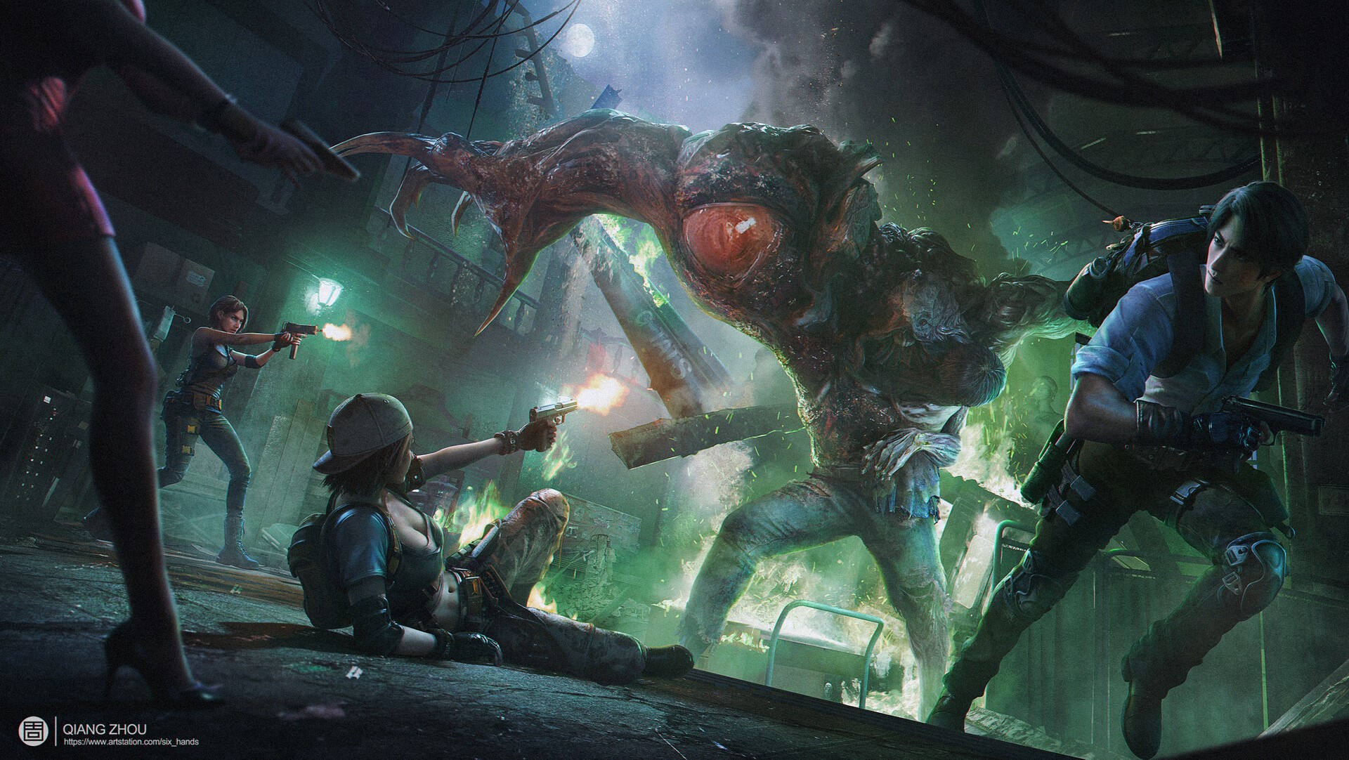 Creature and characters from Resident Evil fighting HD Wallpaper