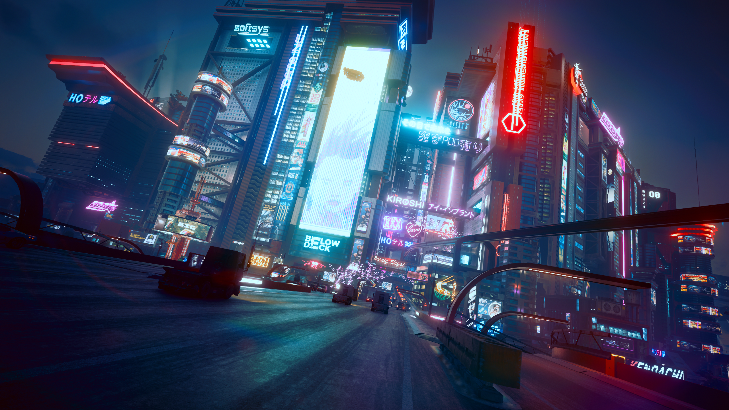 Cyberpunk 2077 cityscape with neon signs and vehicles HD Wallpaper