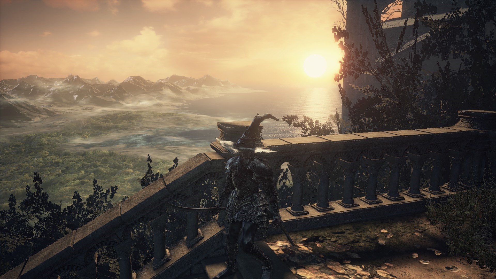 Dark Souls 3 screenshot of a character overlooking a sunset landscape HD Wallpaper