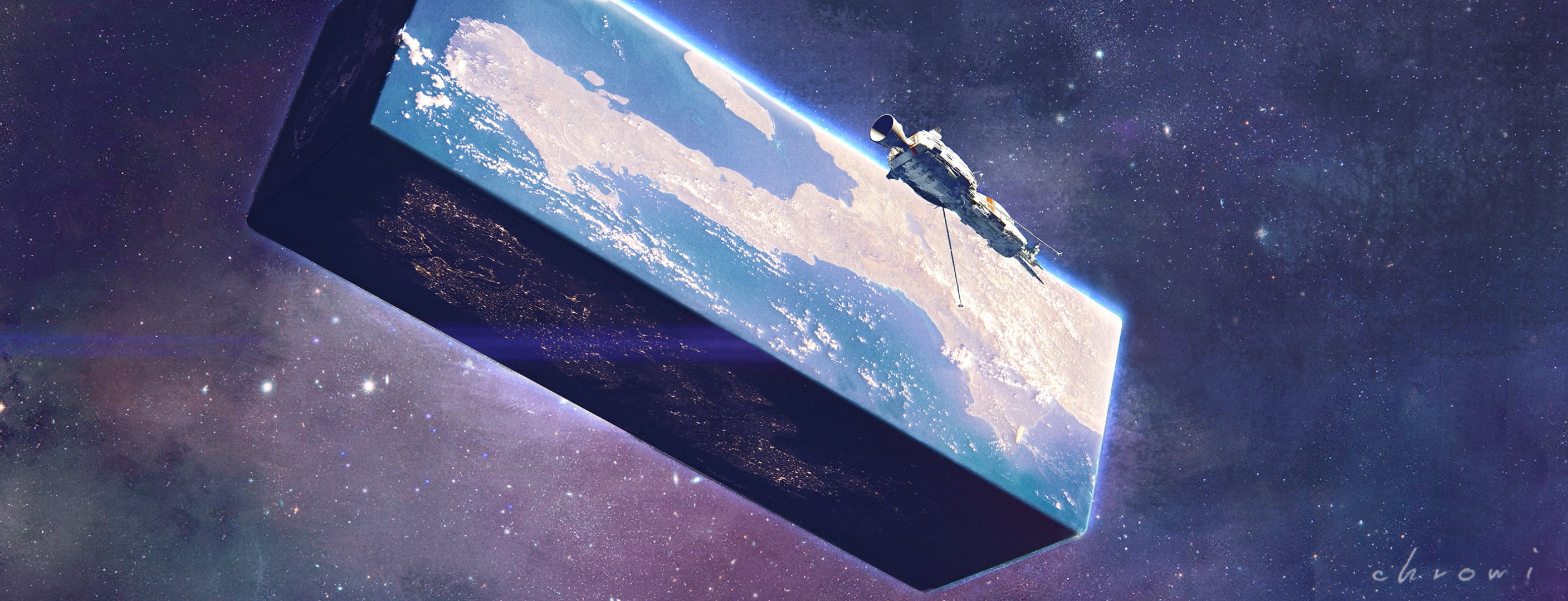 Spaceship near a rectangular planet in space HD Wallpaper