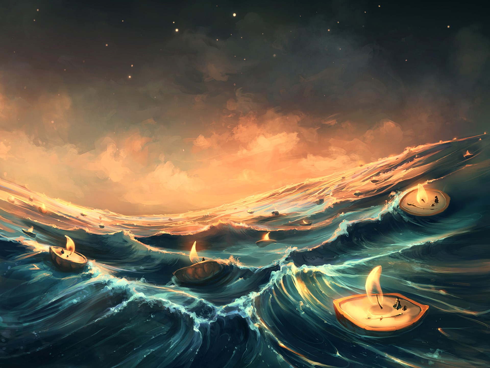 Candles floating on stormy sea under starry sky HD Wallpaper