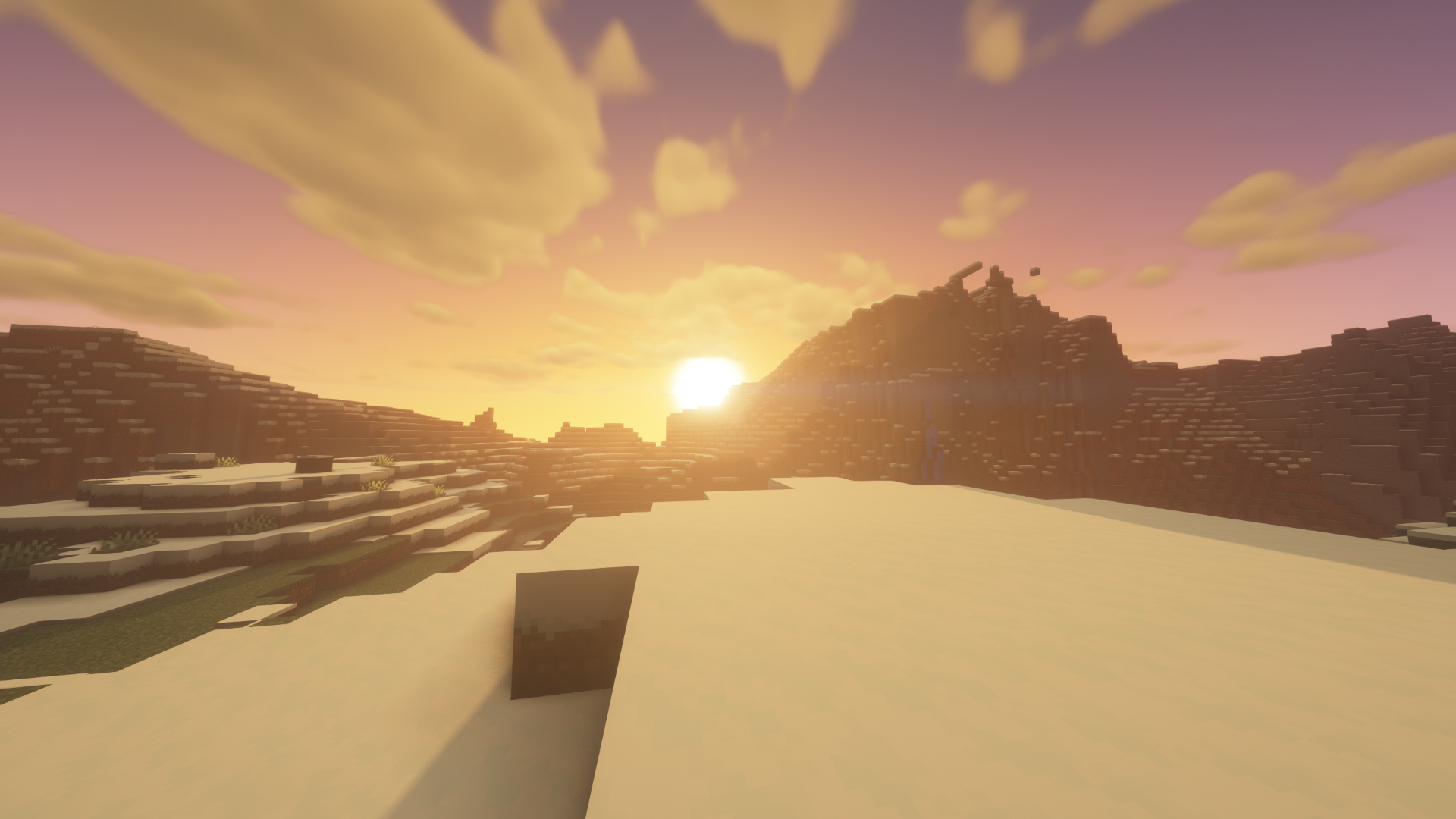 Minecraft desert landscape at dawn with sun setting HD Wallpaper