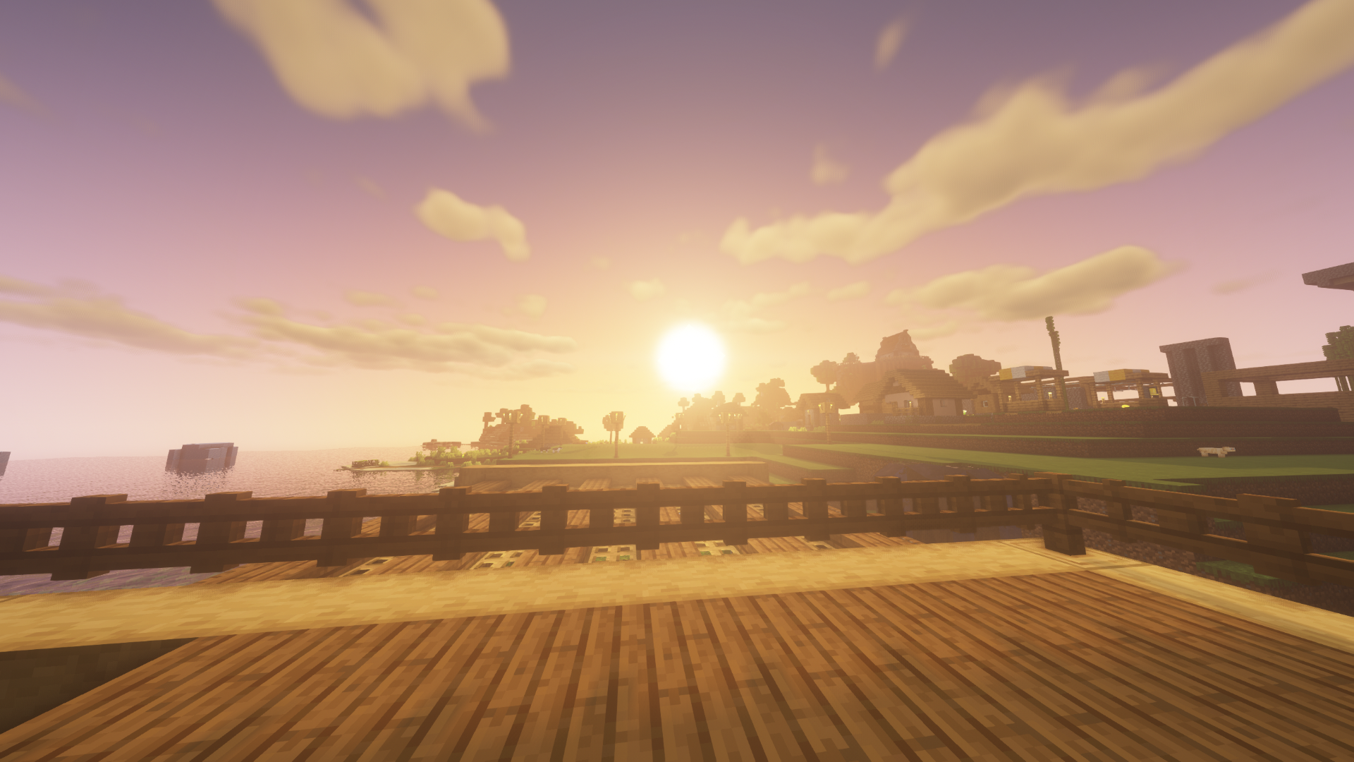 Minecraft village at sunset with wooden structures HD Wallpaper