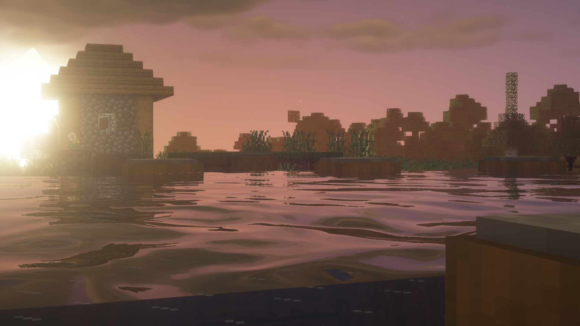 Minecraft village by the water at sunset HD Wallpaper