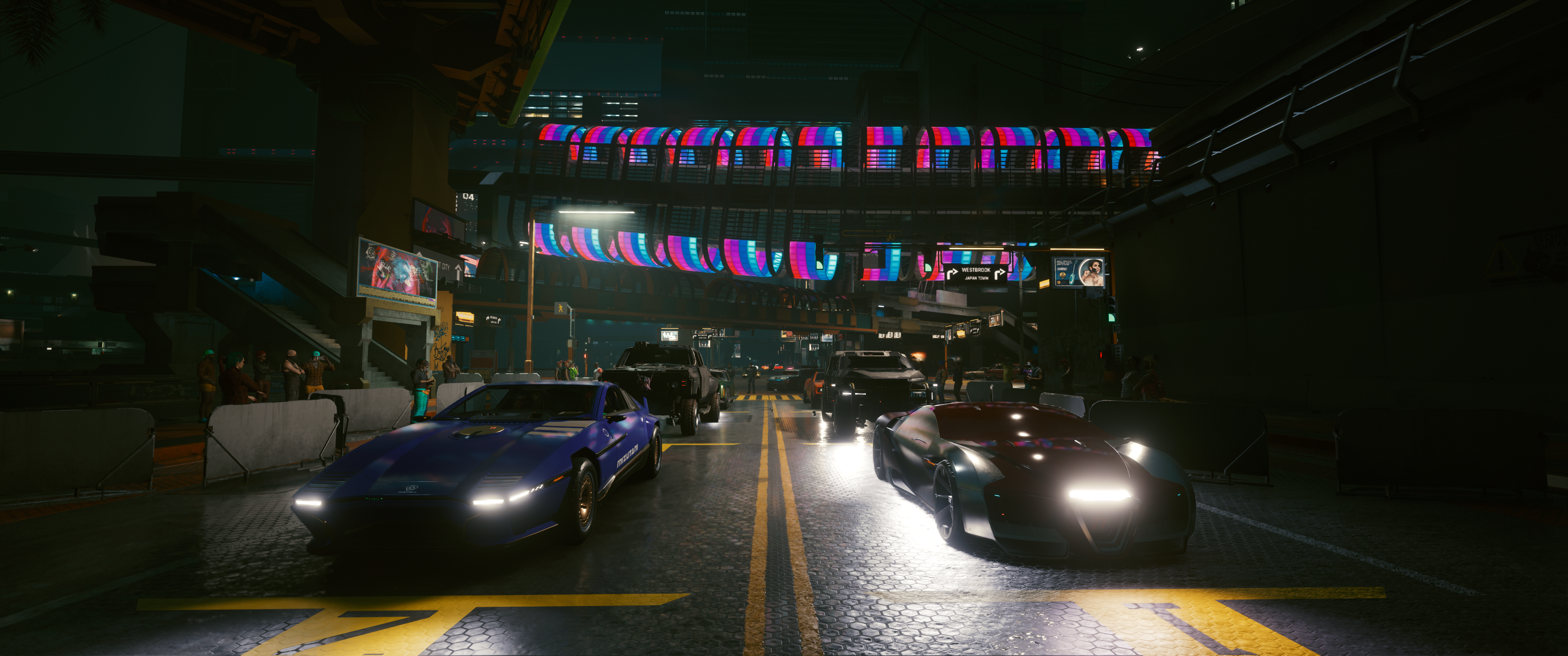 Cyberpunk 2077 cars on a street at night HD Wallpaper