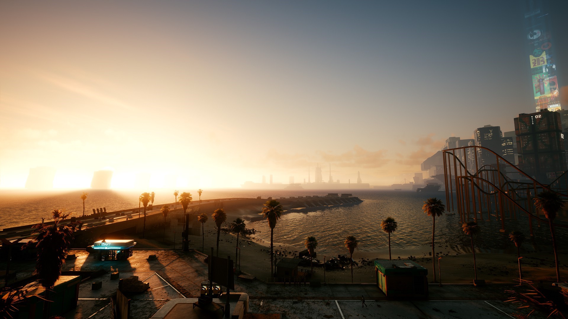 Cyberpunk 2077 screenshot of a futuristic city at sunset HD Wallpaper