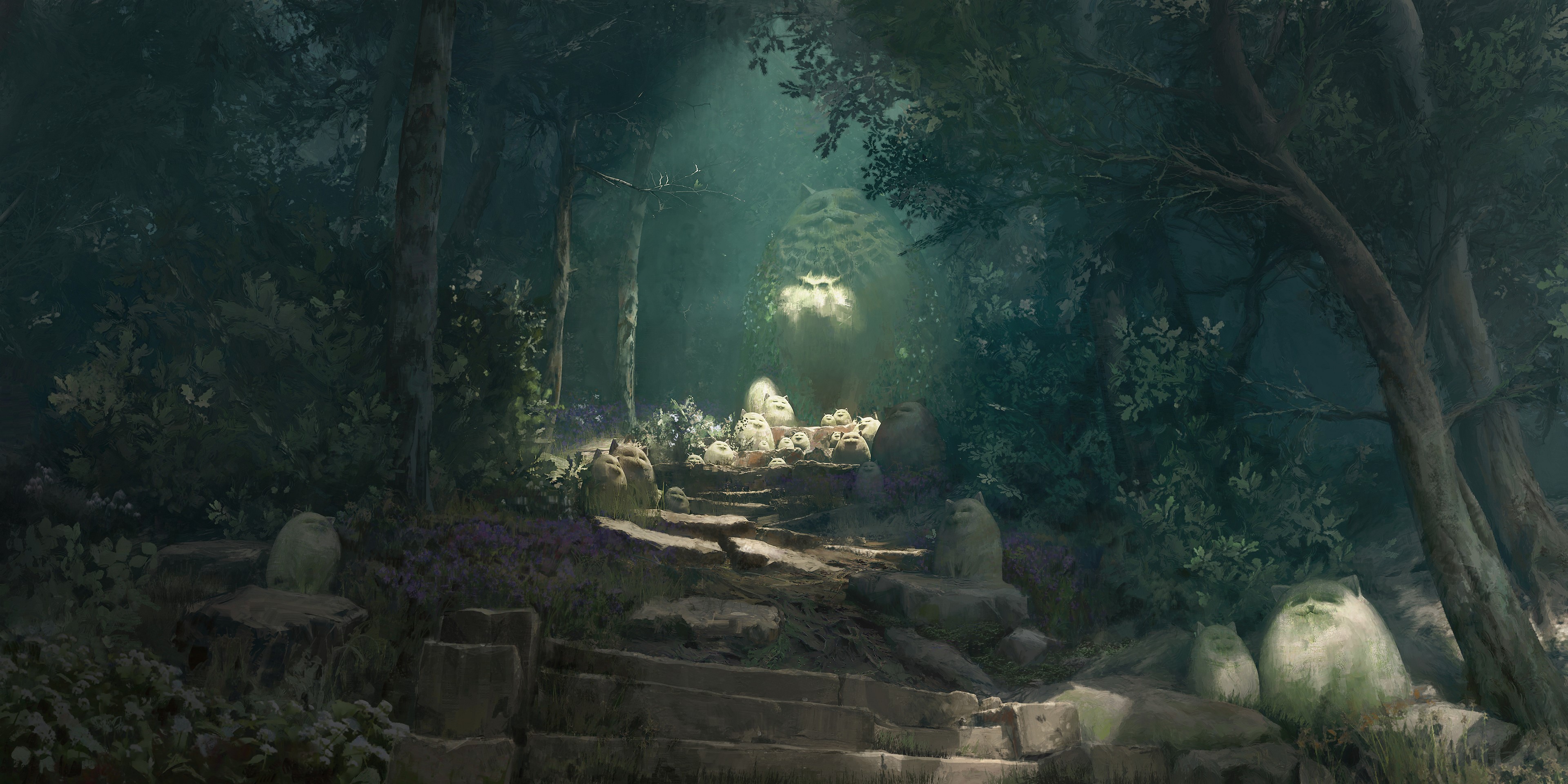 Artwork of a mystical forest with stone figures HD Wallpaper