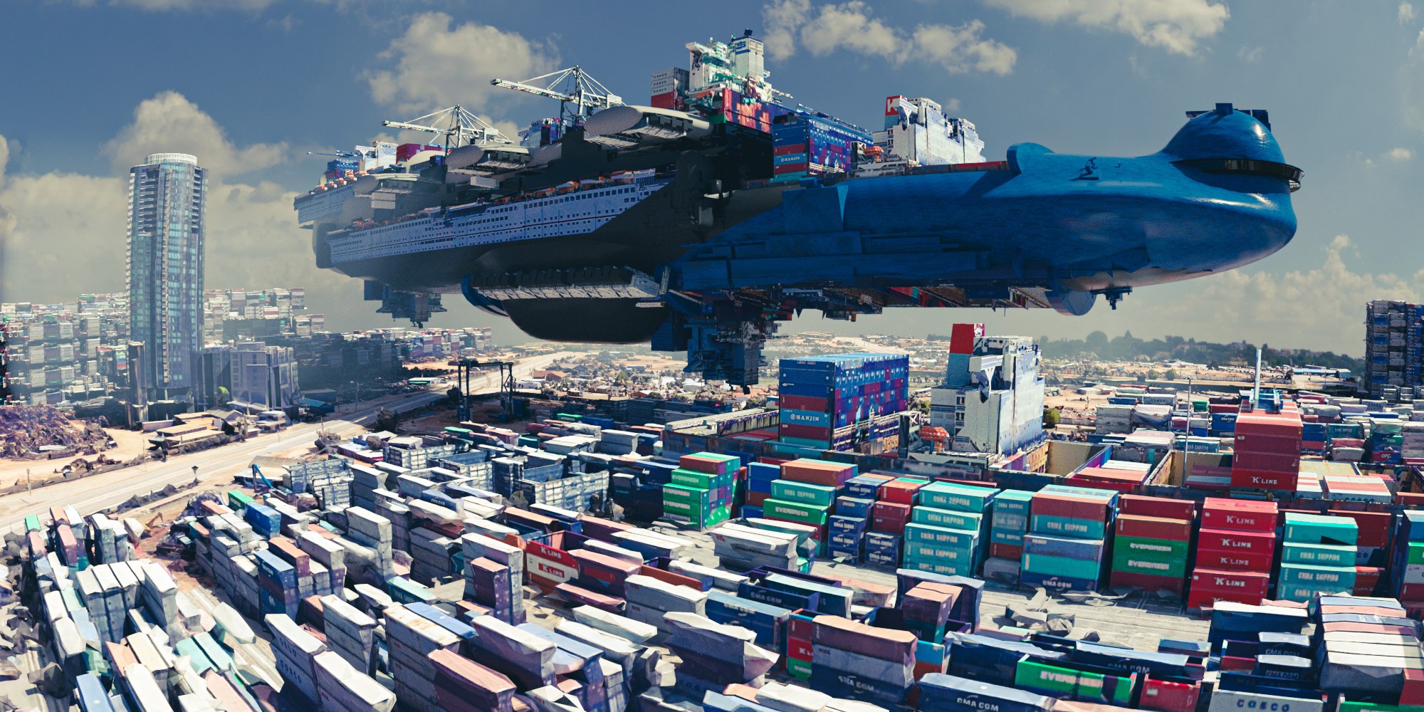 Futuristic flying cargo ship over a container port HD Wallpaper