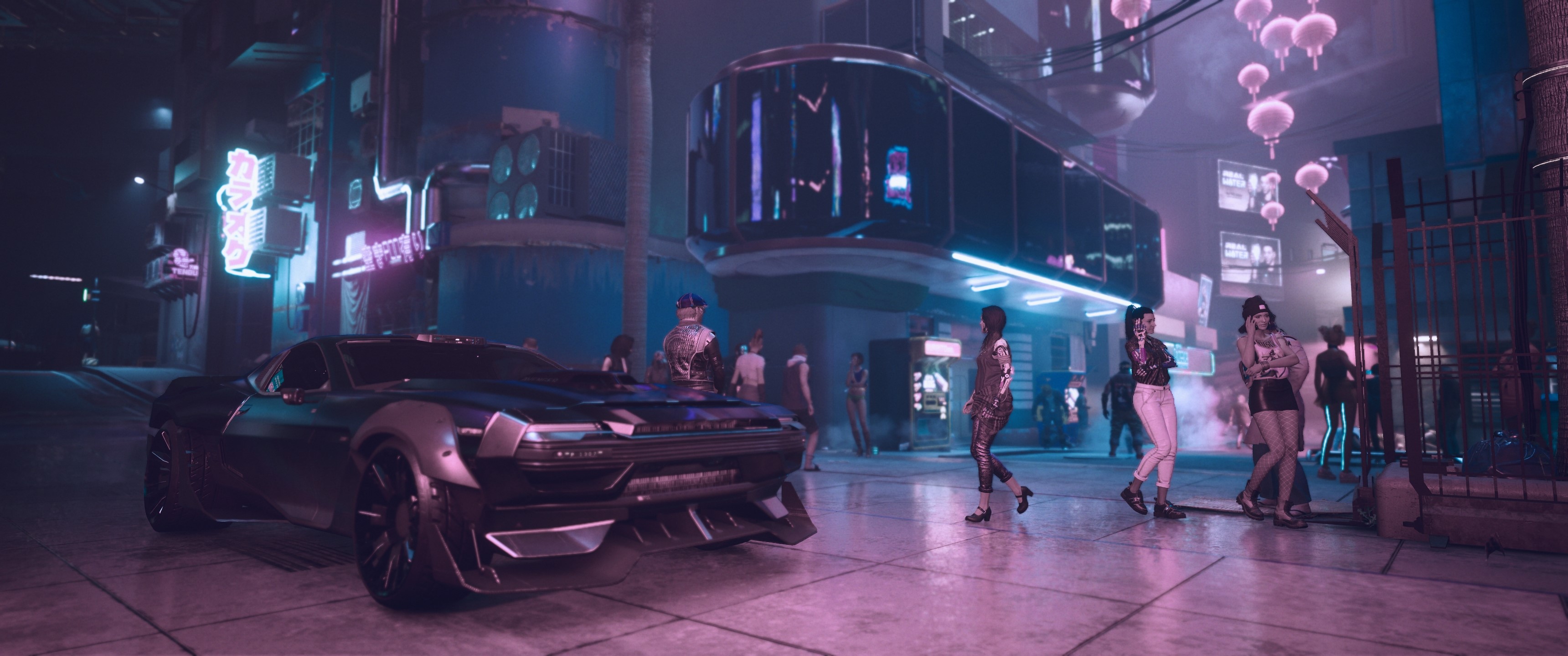 Cyberpunk 2077 screenshot with a car and people HD Wallpaper