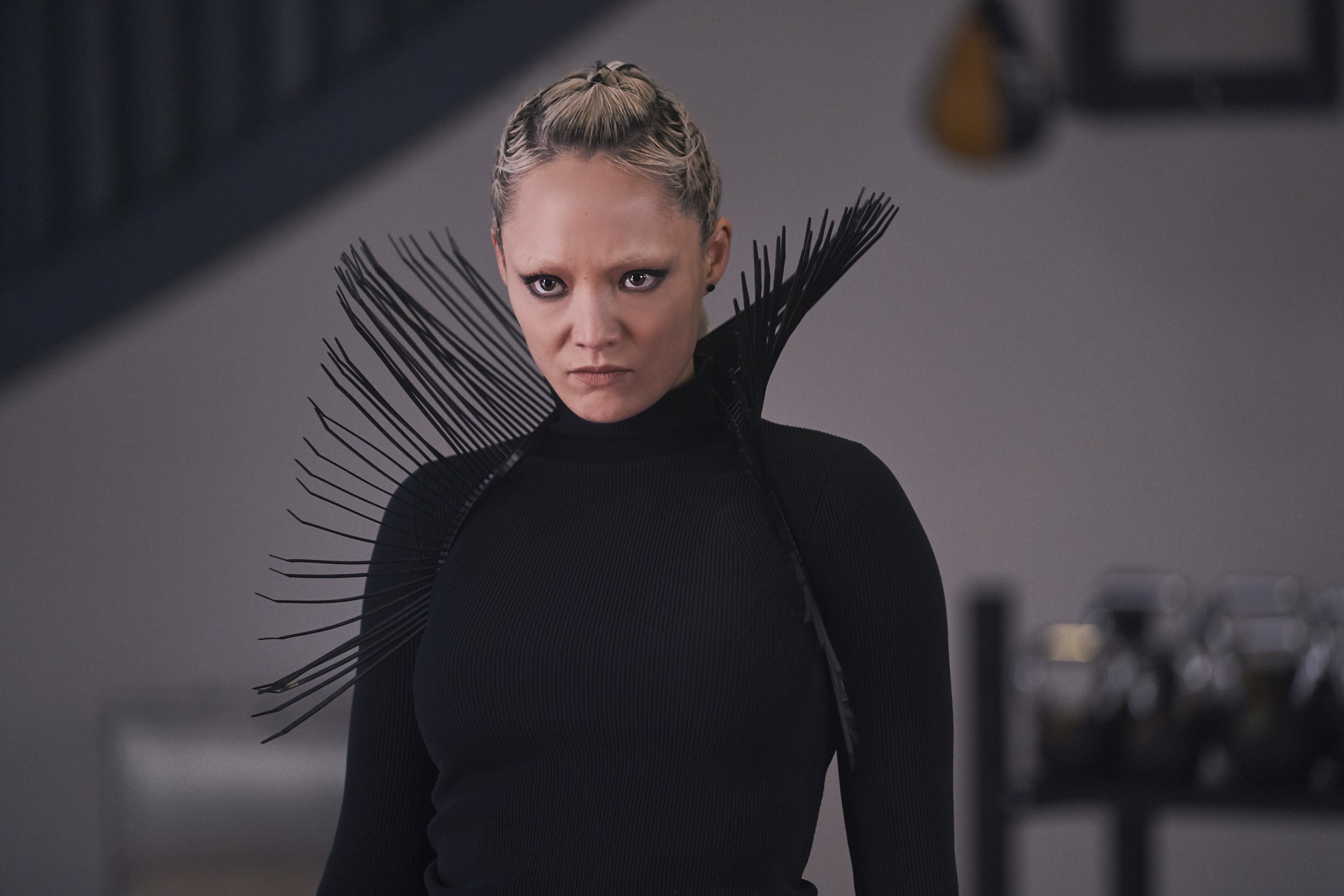 Pom Klementieff in black outfit with spiky collar HD Wallpaper