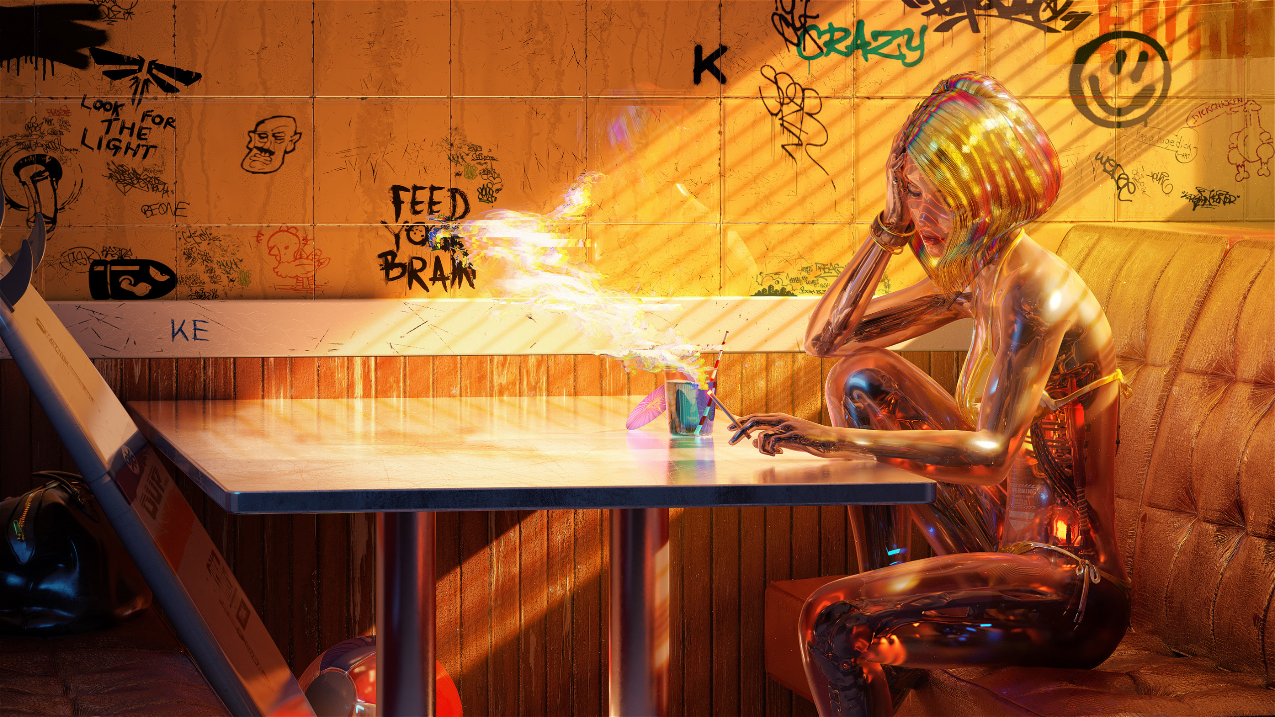 Cyberpunk android smoking in a diner with graffiti HD Wallpaper