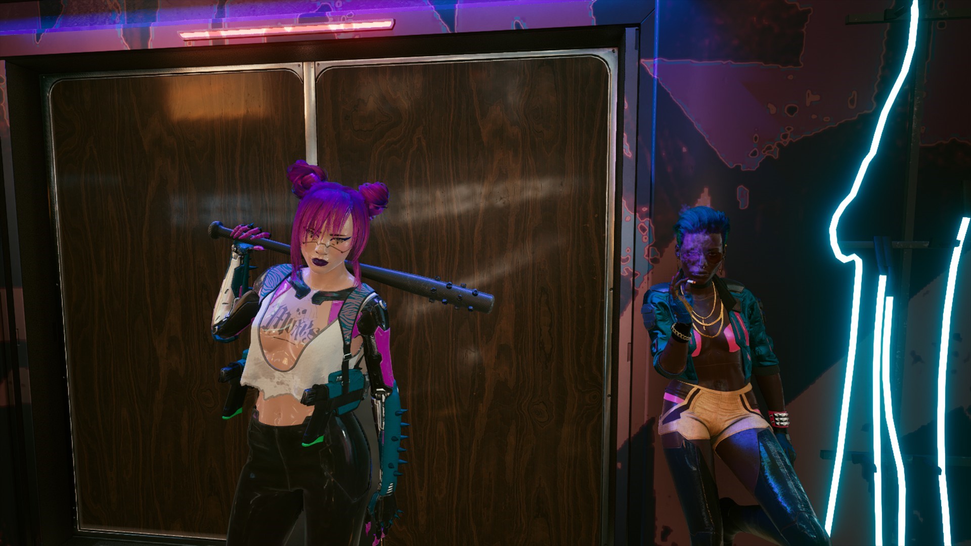 Two women in a cyberpunk setting HD Wallpaper