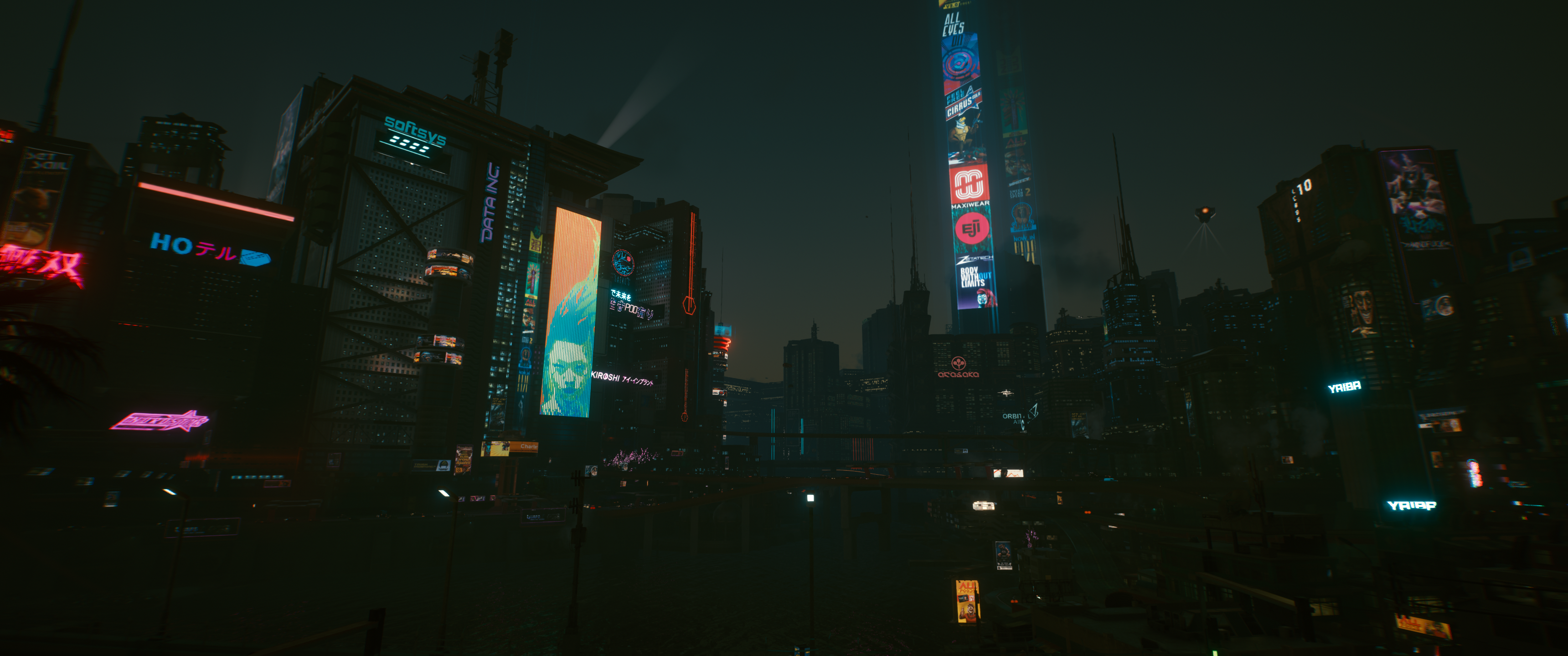Cyberpunk 2077 cityscape at night with neon signs HD Wallpaper