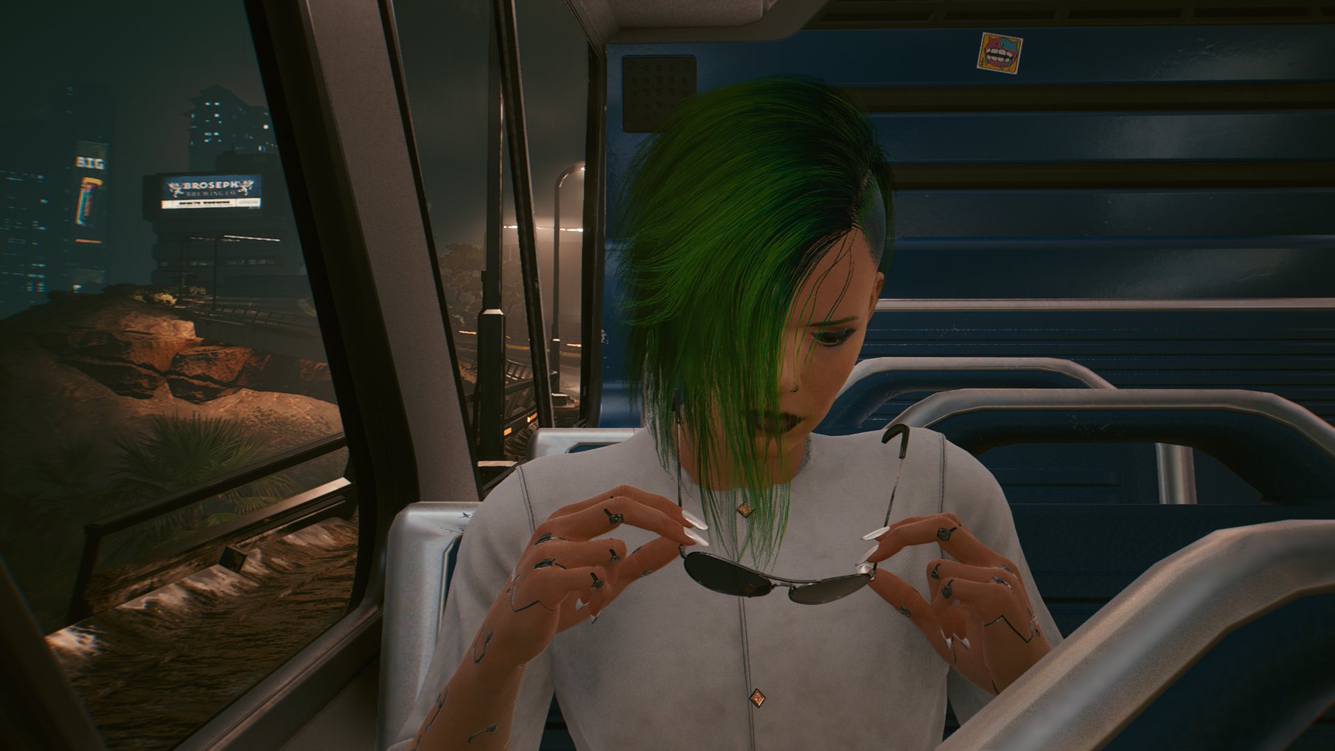 V from Cyberpunk 2077 holding sunglasses on a bus HD Wallpaper