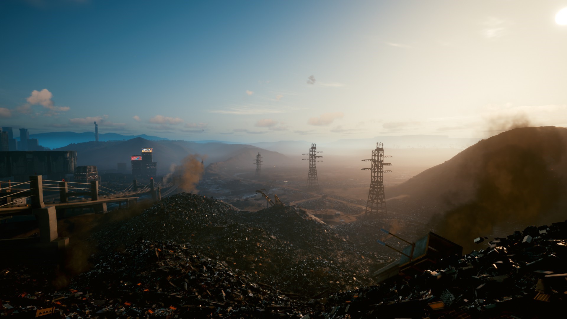 Cyberpunk 2077 screenshot of a junkyard at sunset HD Wallpaper
