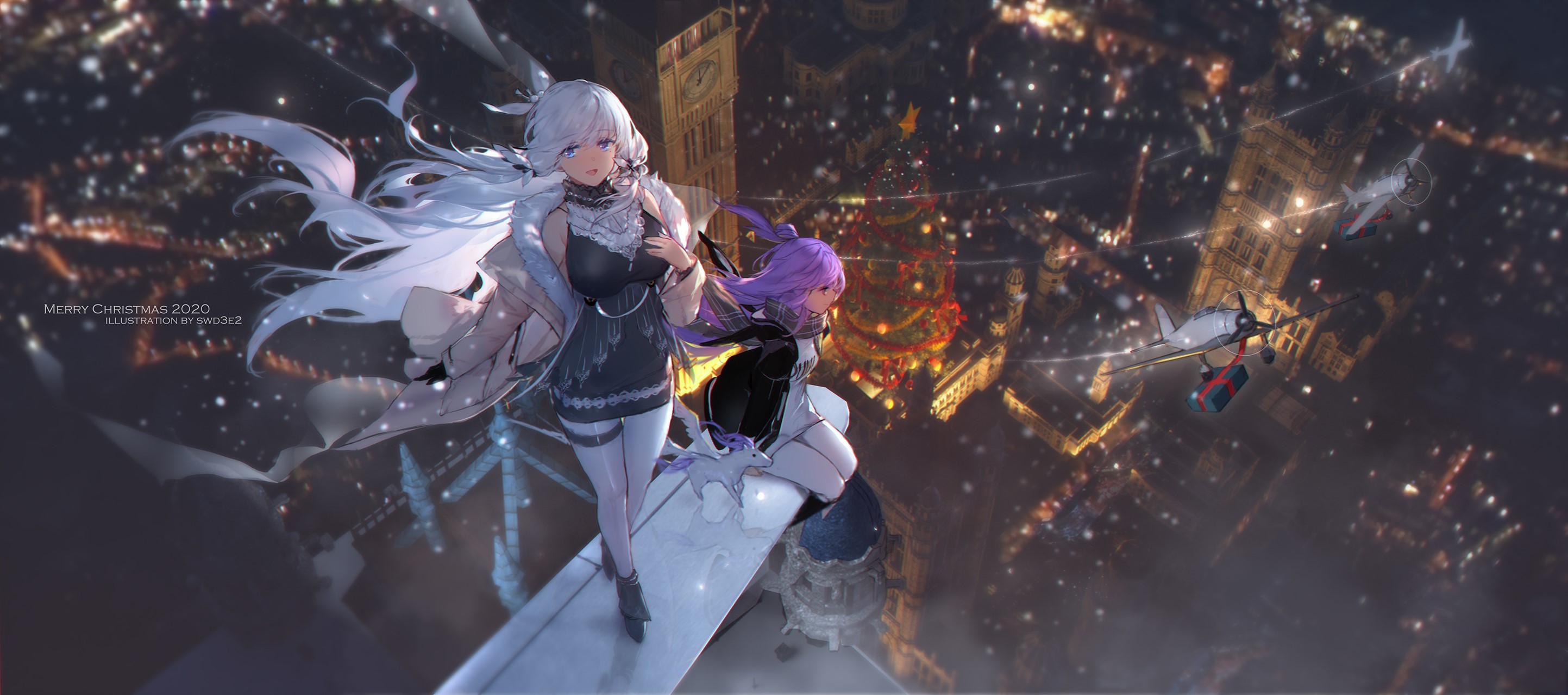 Azur Lane: Illustrious and Unicorn in a Christmas Cityscape HD Wallpaper