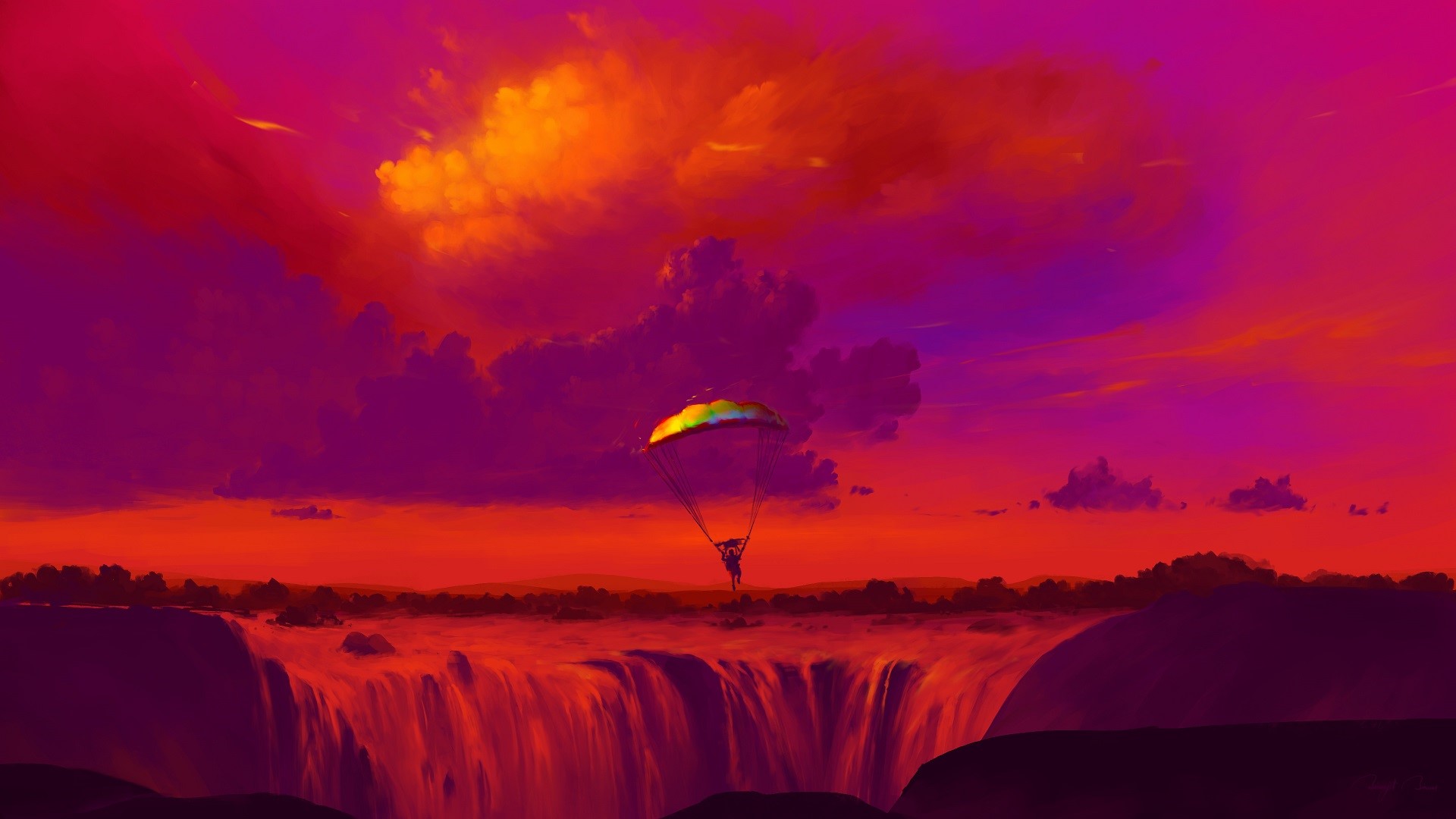 Parachutist over a waterfall at sunset HD Wallpaper