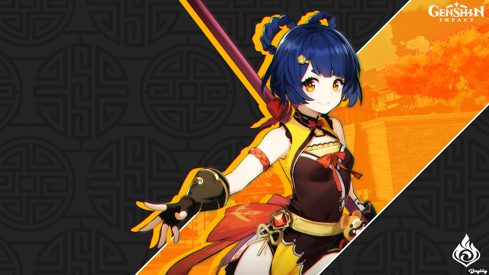 Xiangling from Genshin Impact with a polearm HD Wallpaper