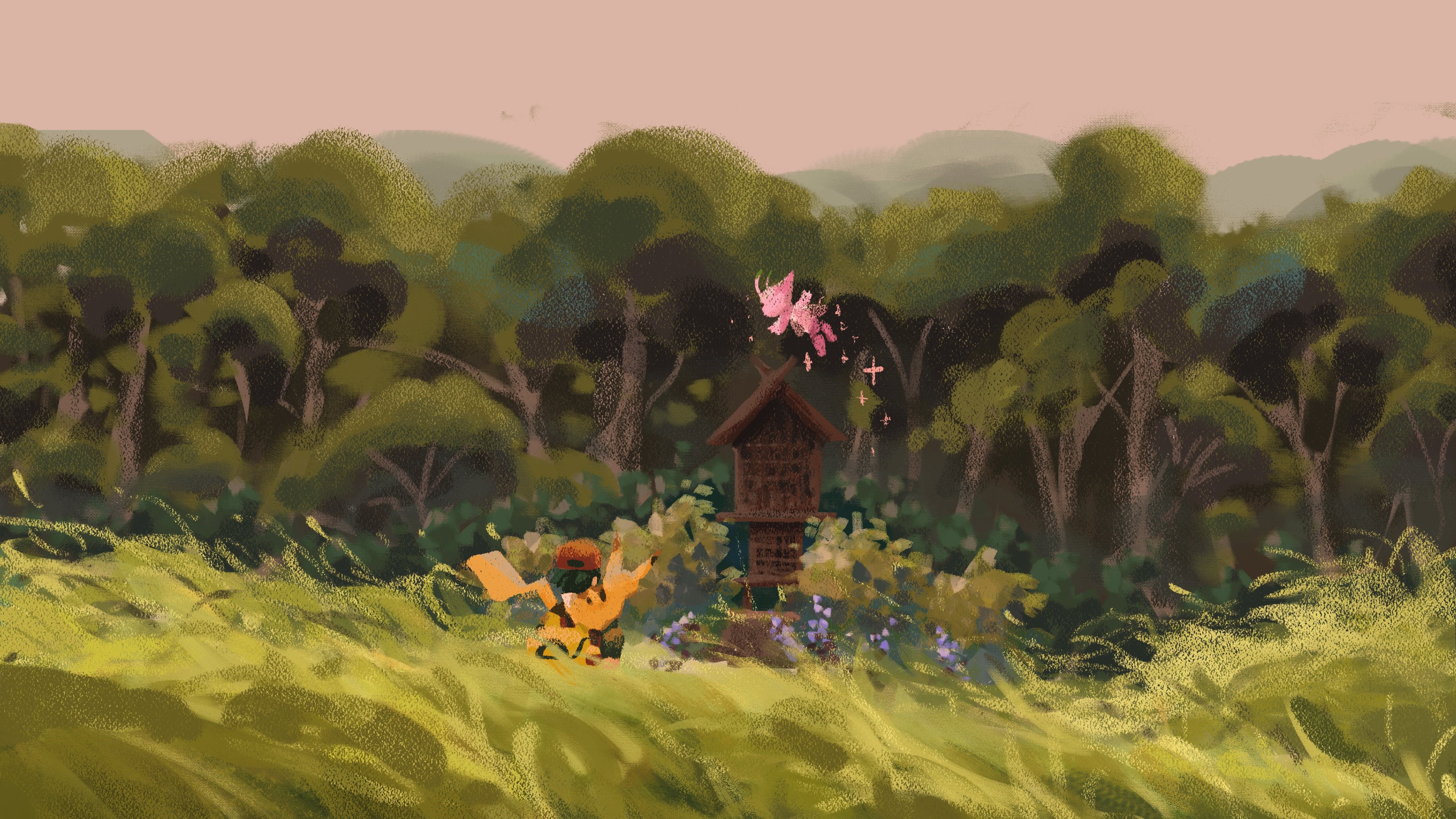 Pikachu from Pokémon in a fantasy forest HD Wallpaper