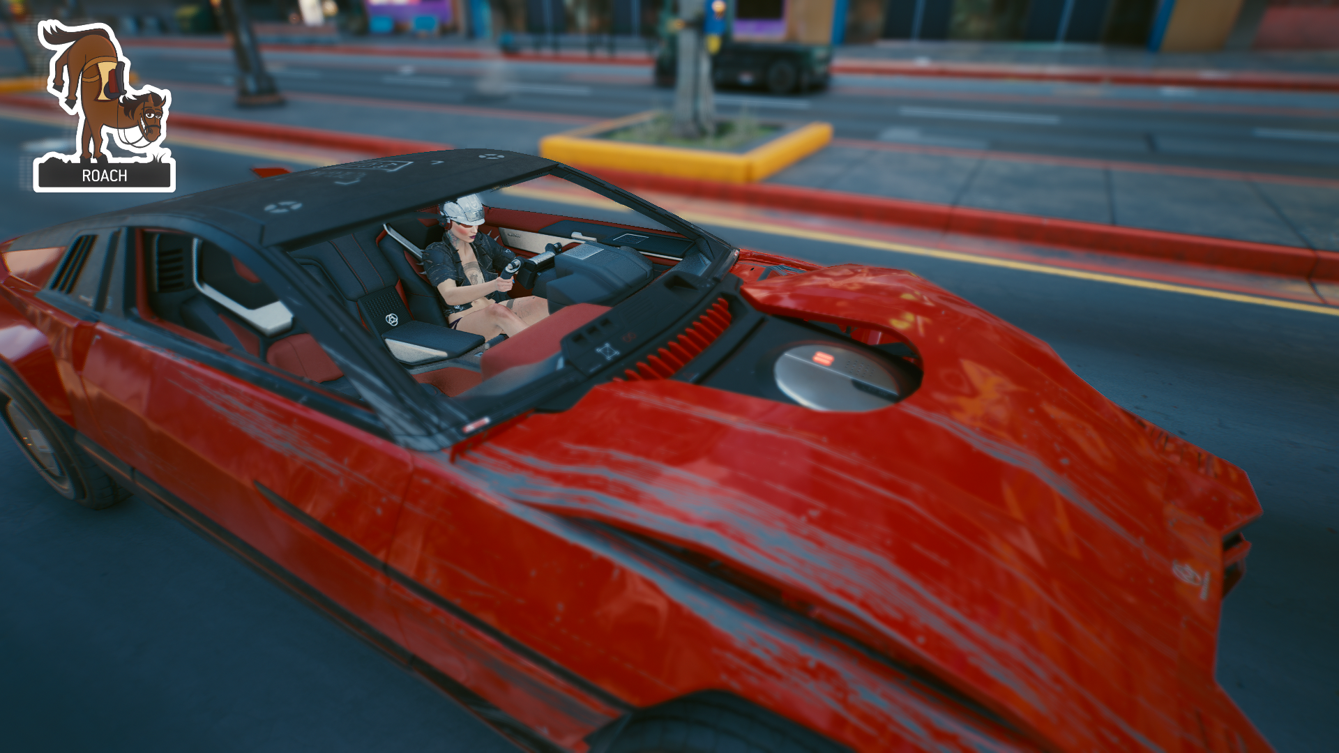 Female V driving a red car in Cyberpunk 2077 HD Wallpaper