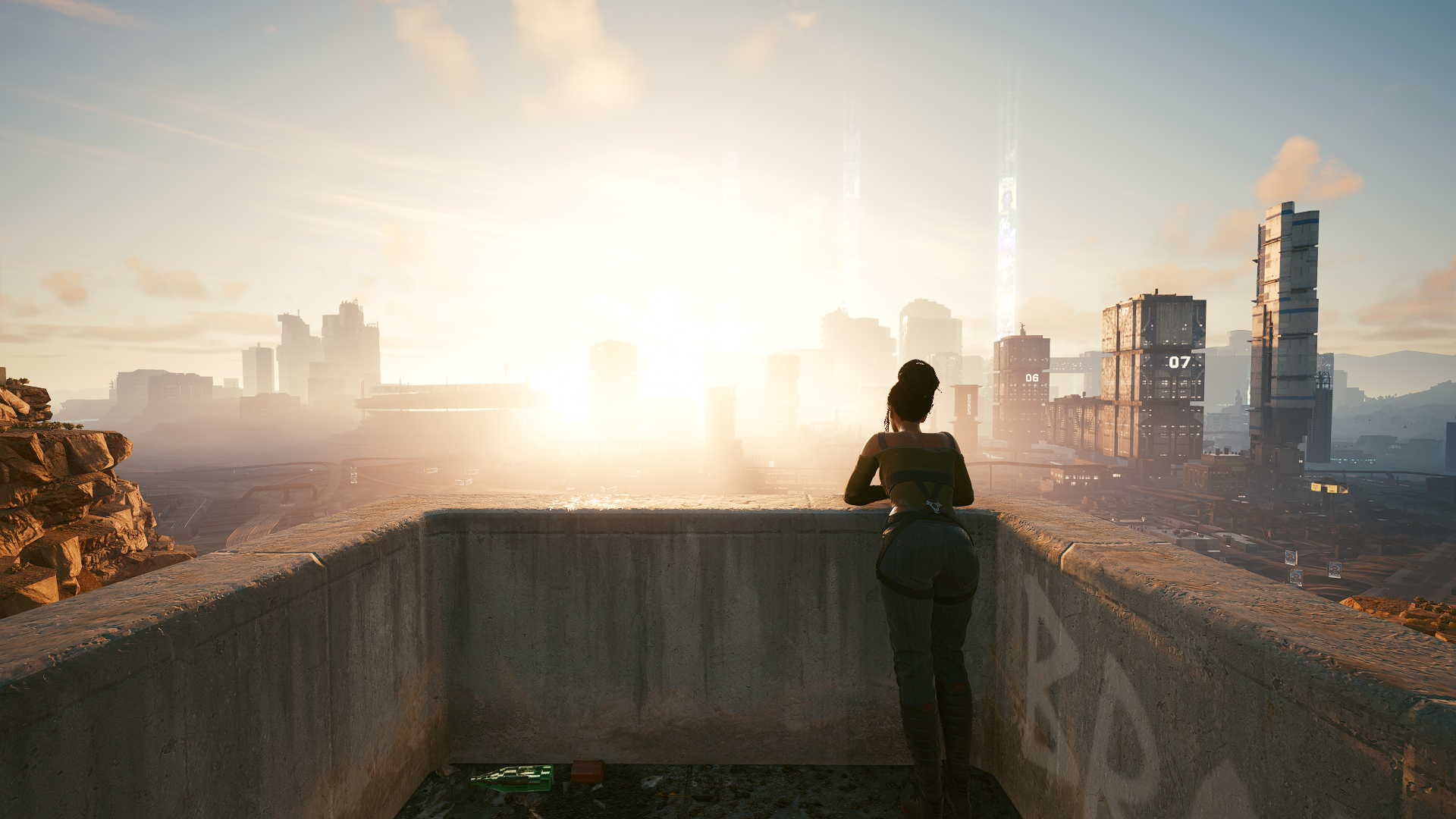 Panam Palmer from Cyberpunk 2077 overlooking a city at sunset HD Wallpaper