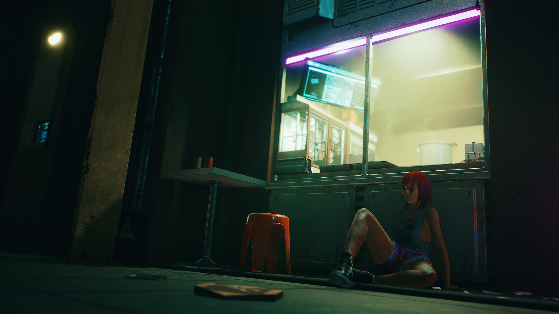 V from Cyberpunk 2077 sitting by a food stall at night HD Wallpaper