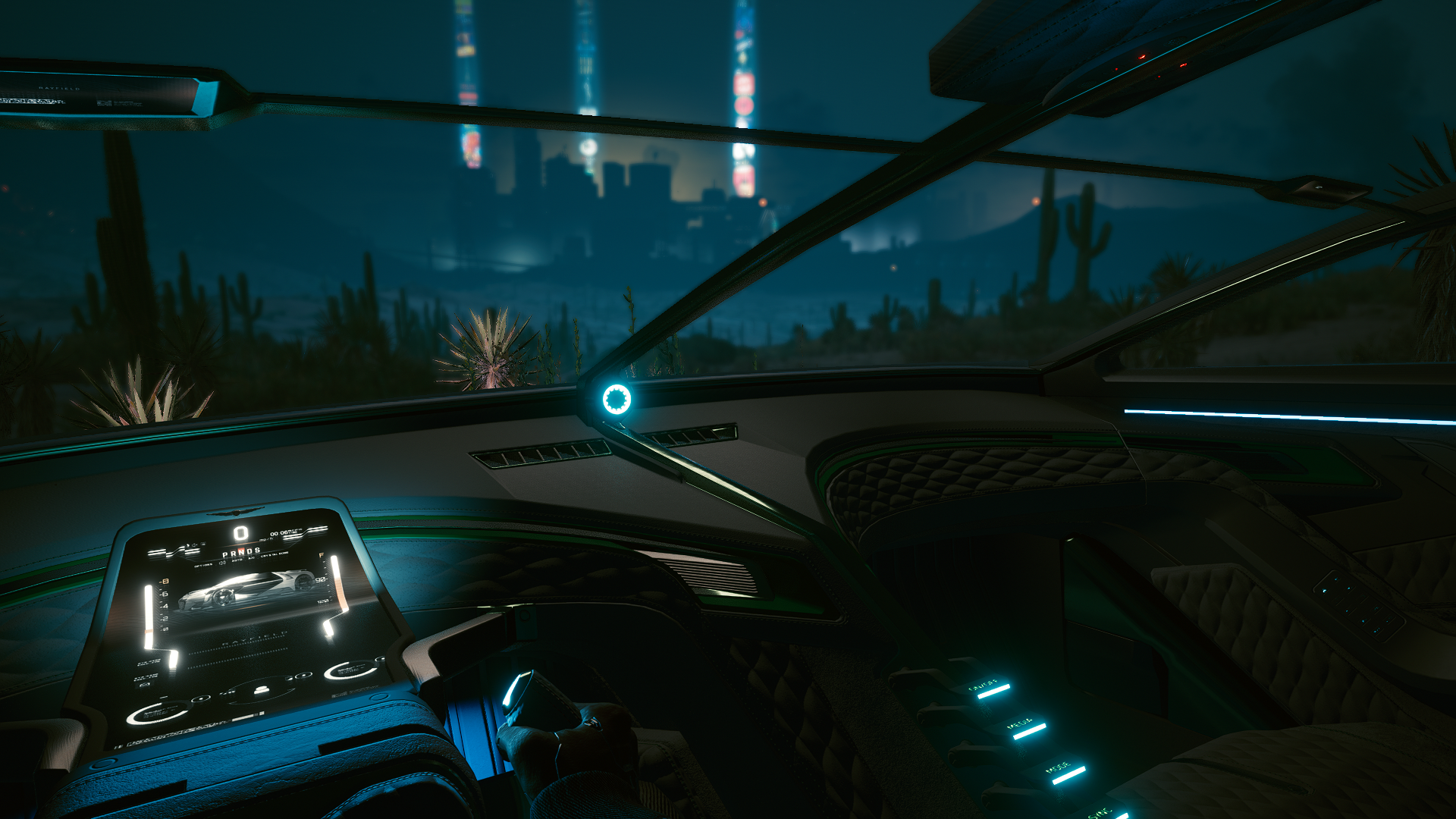 Cyberpunk 2077 car interior with desert city view HD Wallpaper