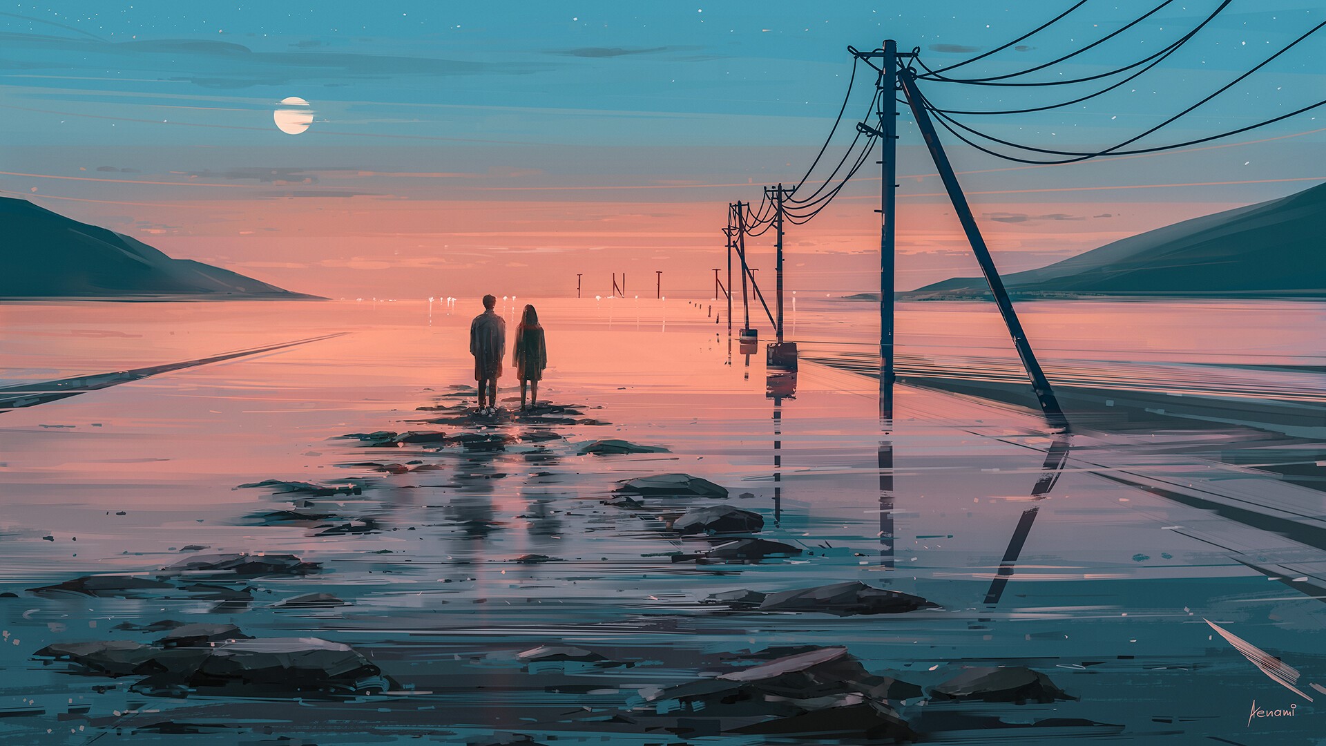 Couple walking on flooded road at sunset with power lines HD Wallpaper