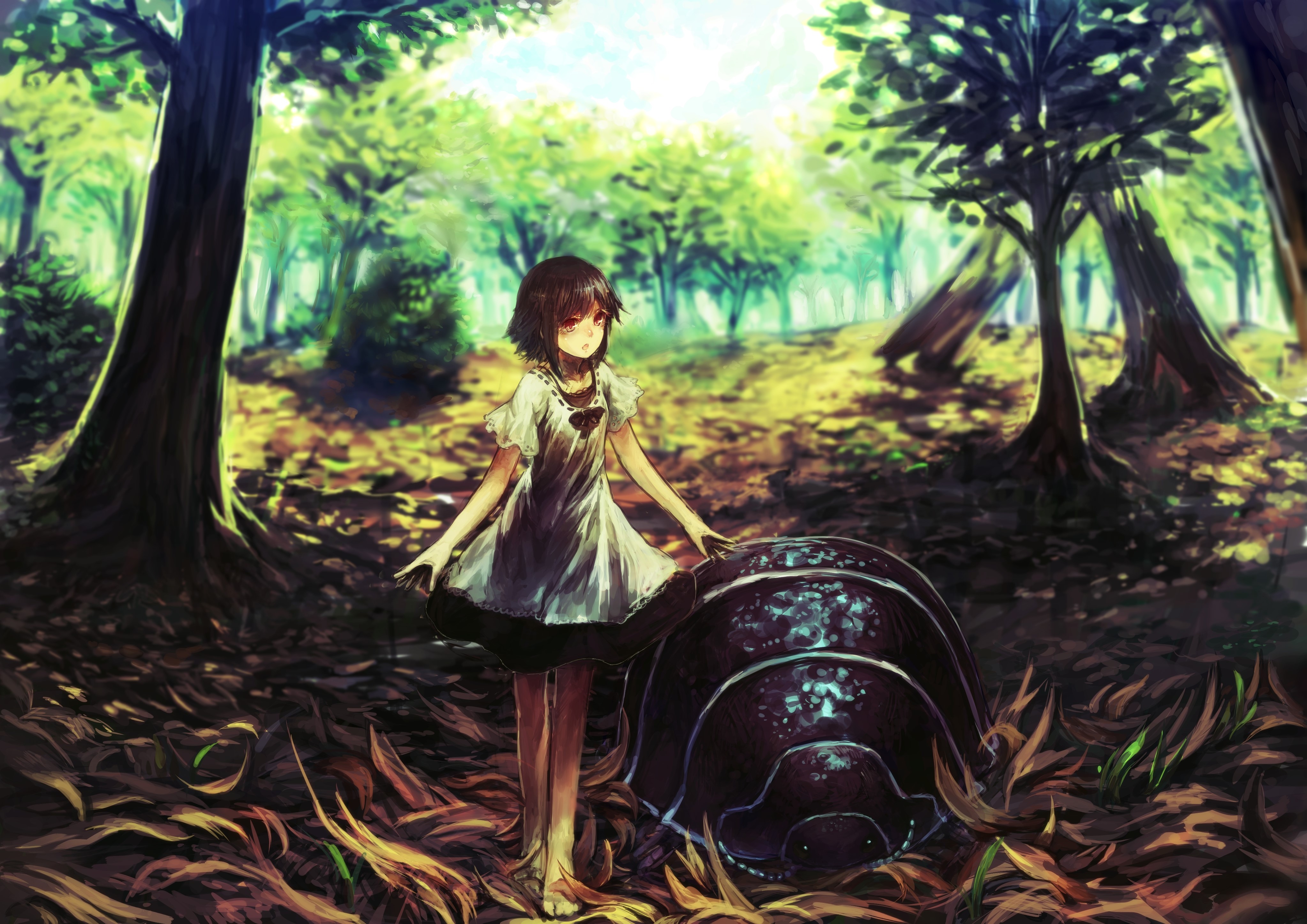 Anime girl with woodlouse in forest HD Wallpaper