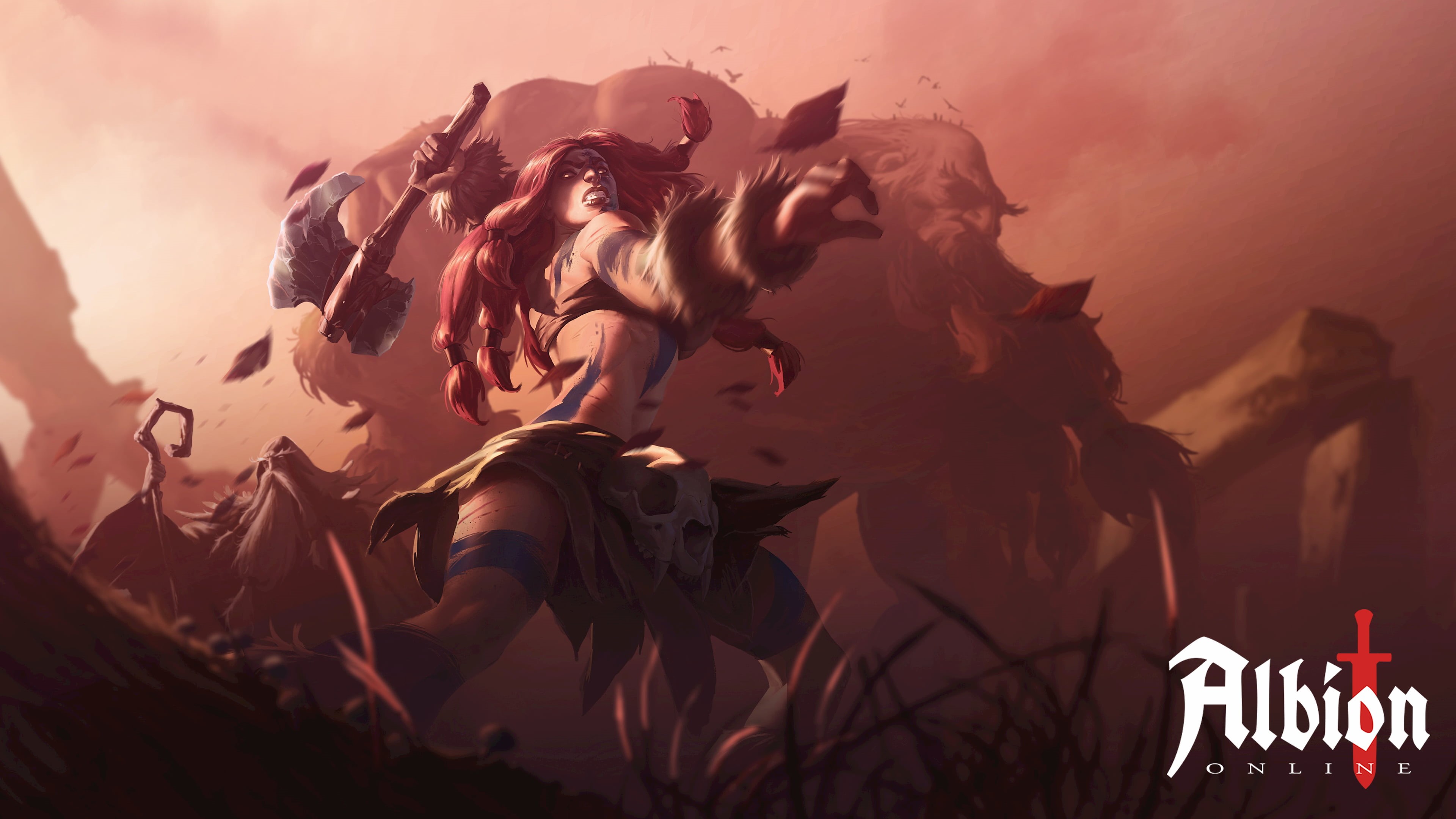 Albion Online: Female Warrior with Axe and Beast HD Wallpaper