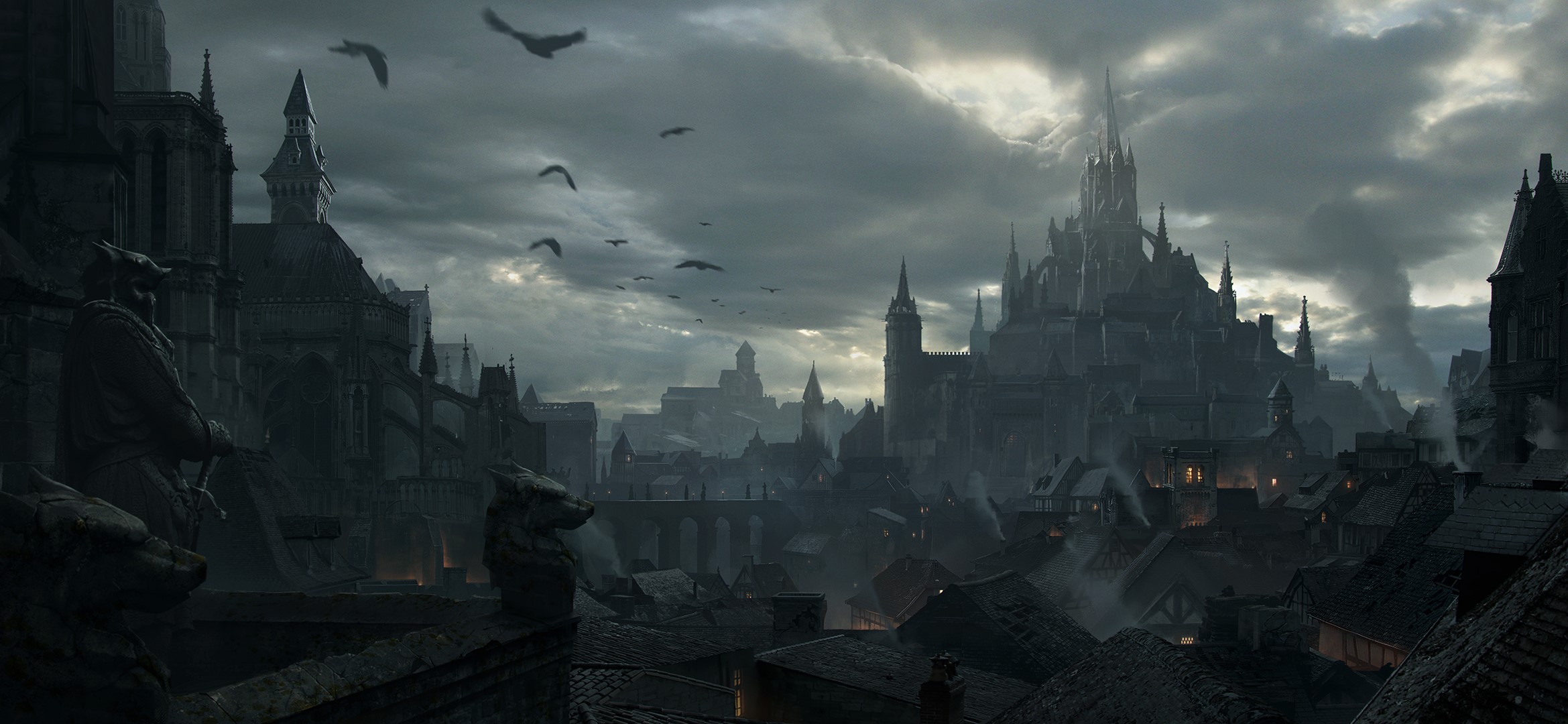 Dark fantasy city with castle and birds HD Wallpaper