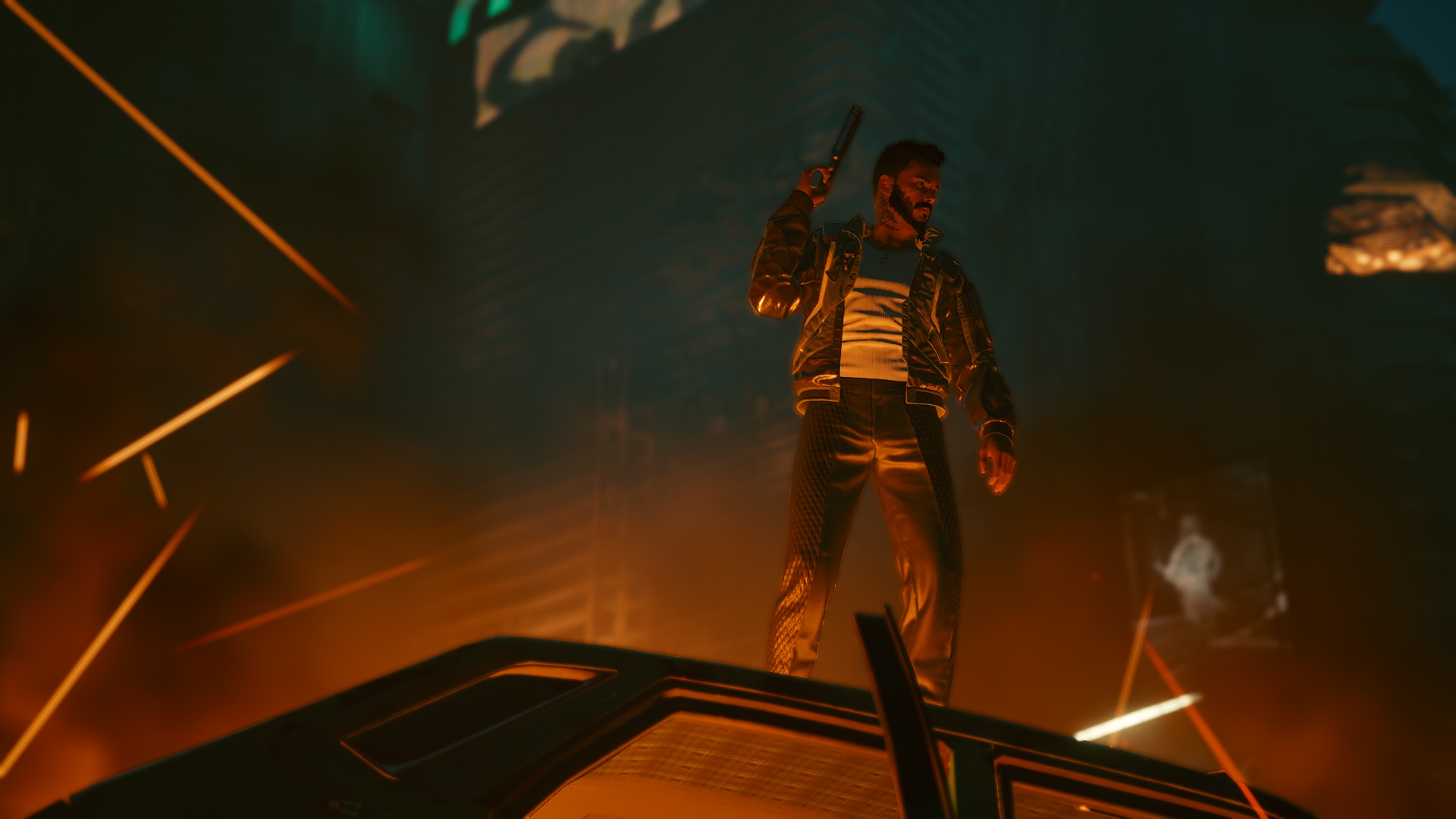 Man with gun standing on car in Cyberpunk 2077 HD Wallpaper