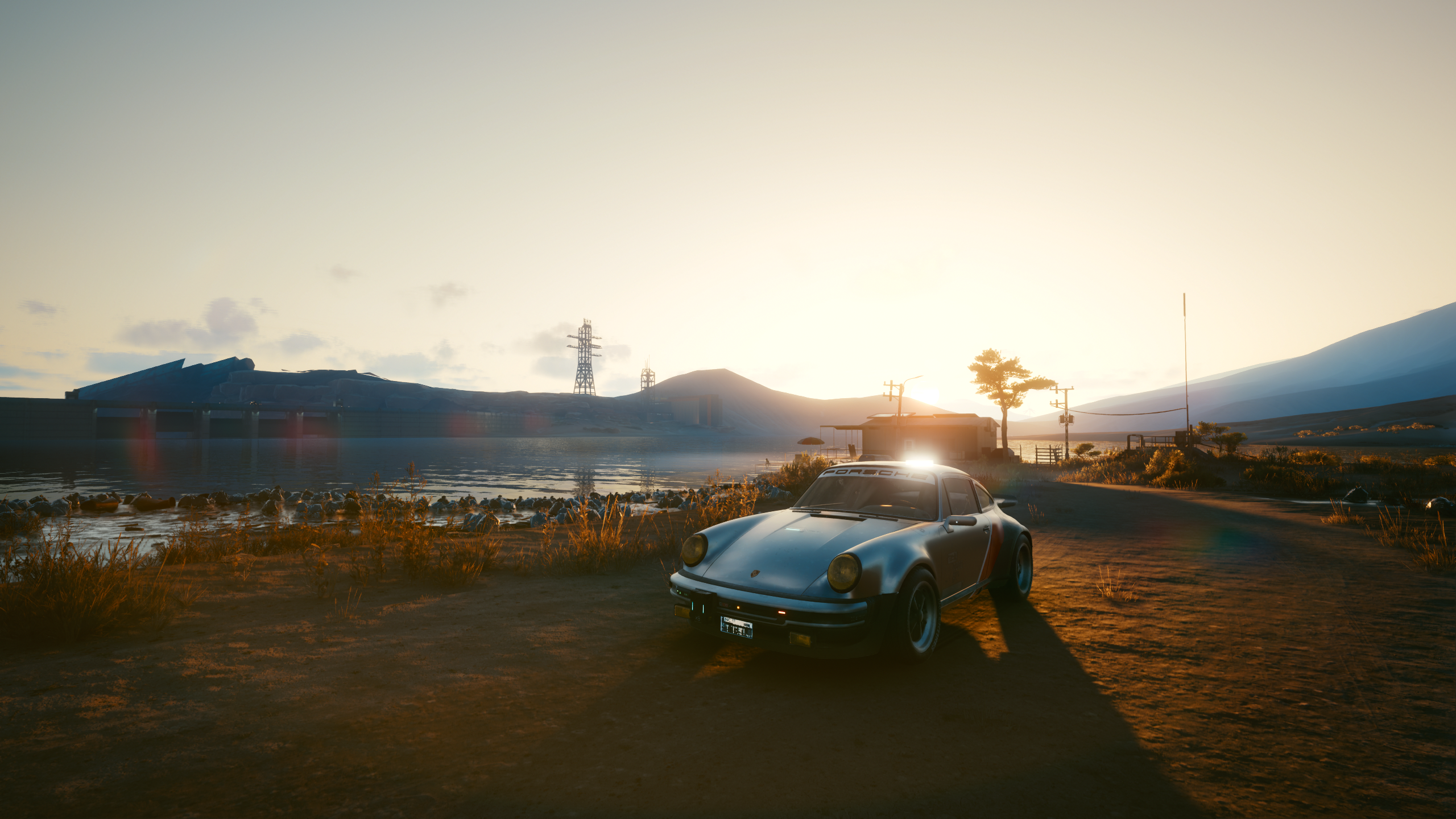 Porsche 911 in Cyberpunk 2077 landscape HD Wallpaper