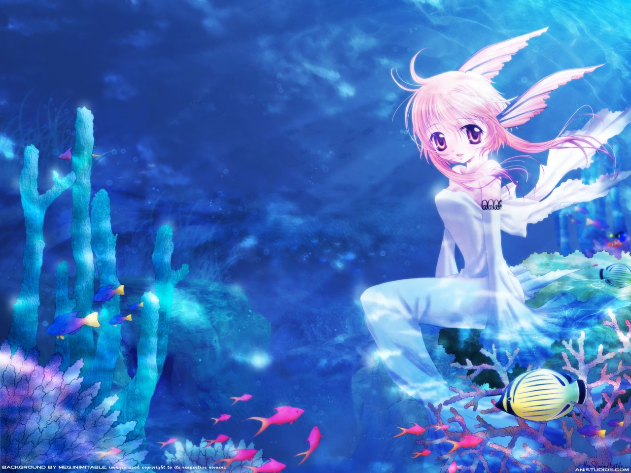 Anime girl with pink hair and fins underwater with fish HD Wallpaper