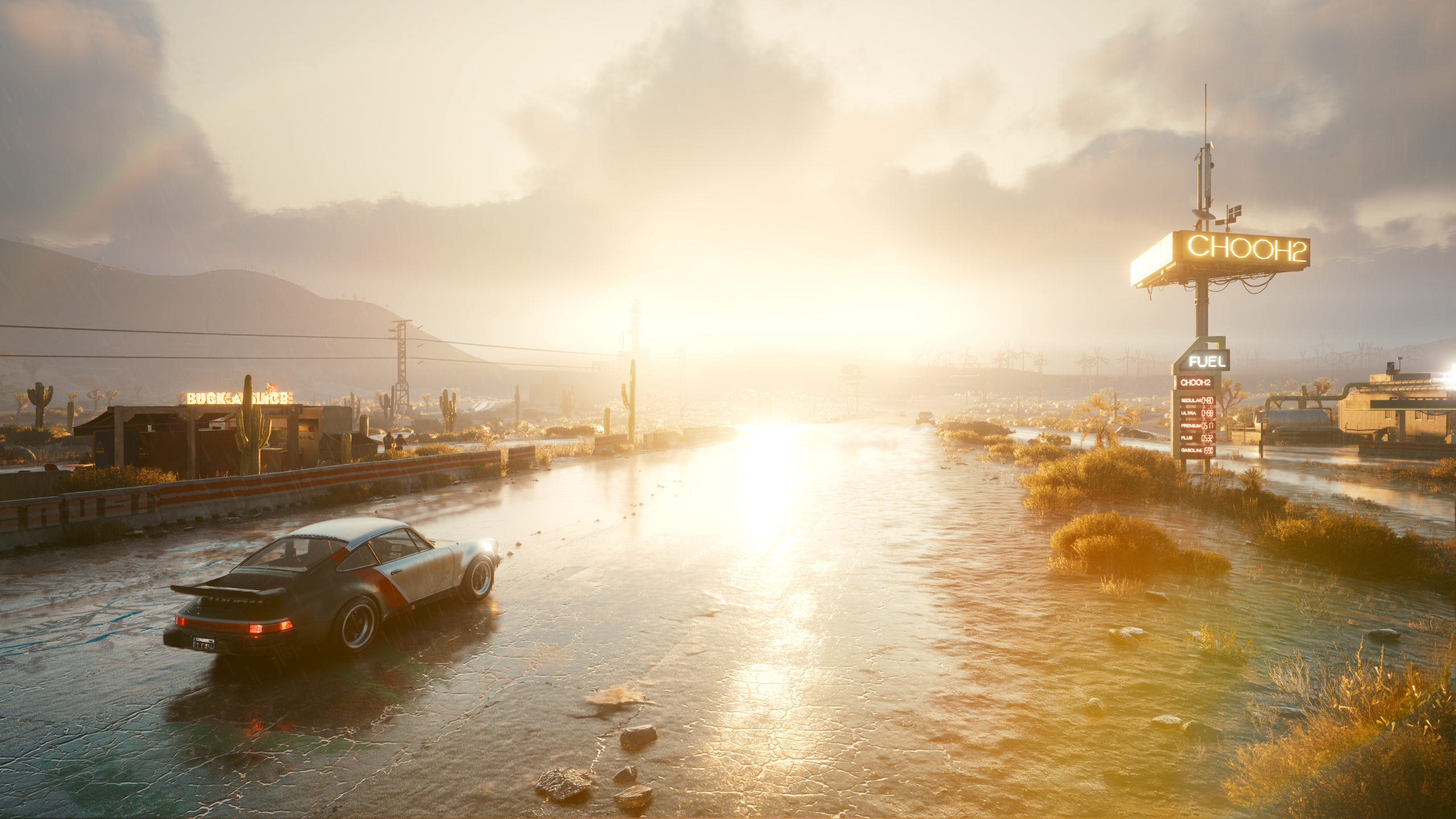 Porsche 911 in Cyberpunk 2077 desert landscape HD Wallpaper