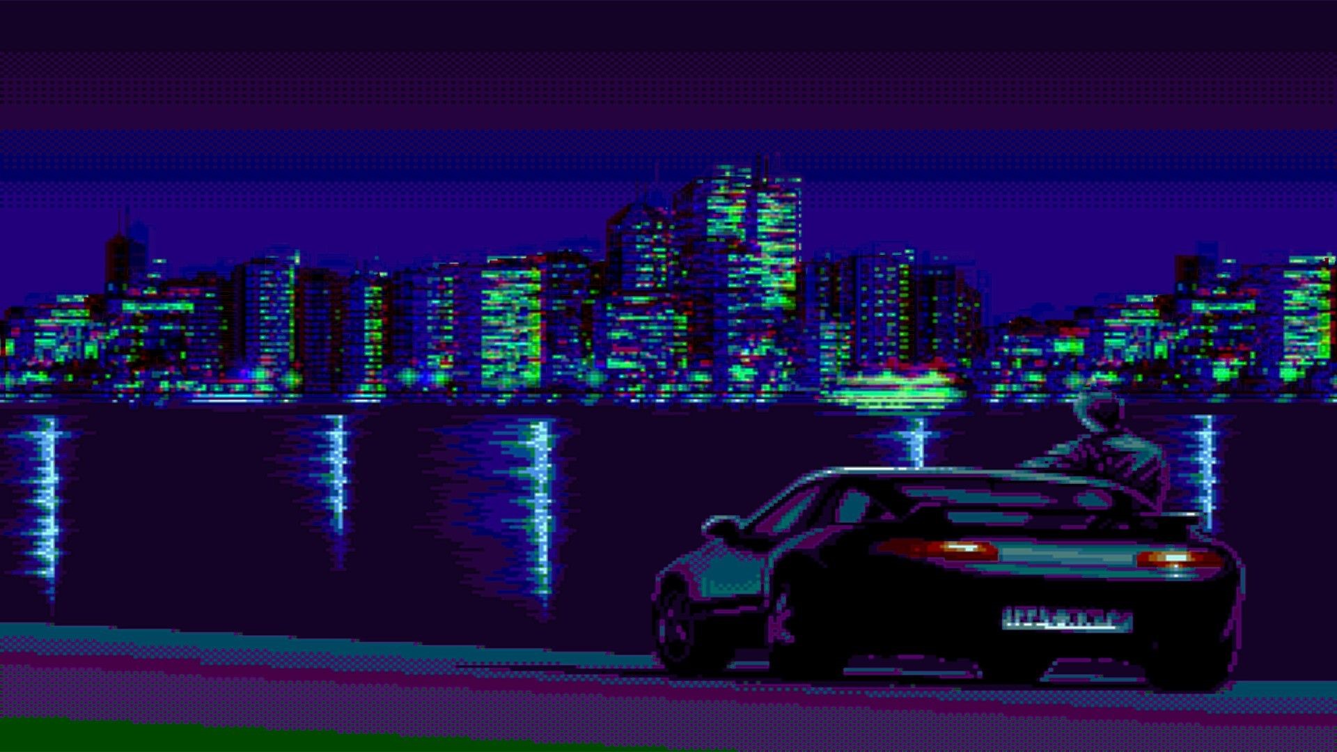 Pixel art Porsche 928 by a city skyline at night HD Wallpaper