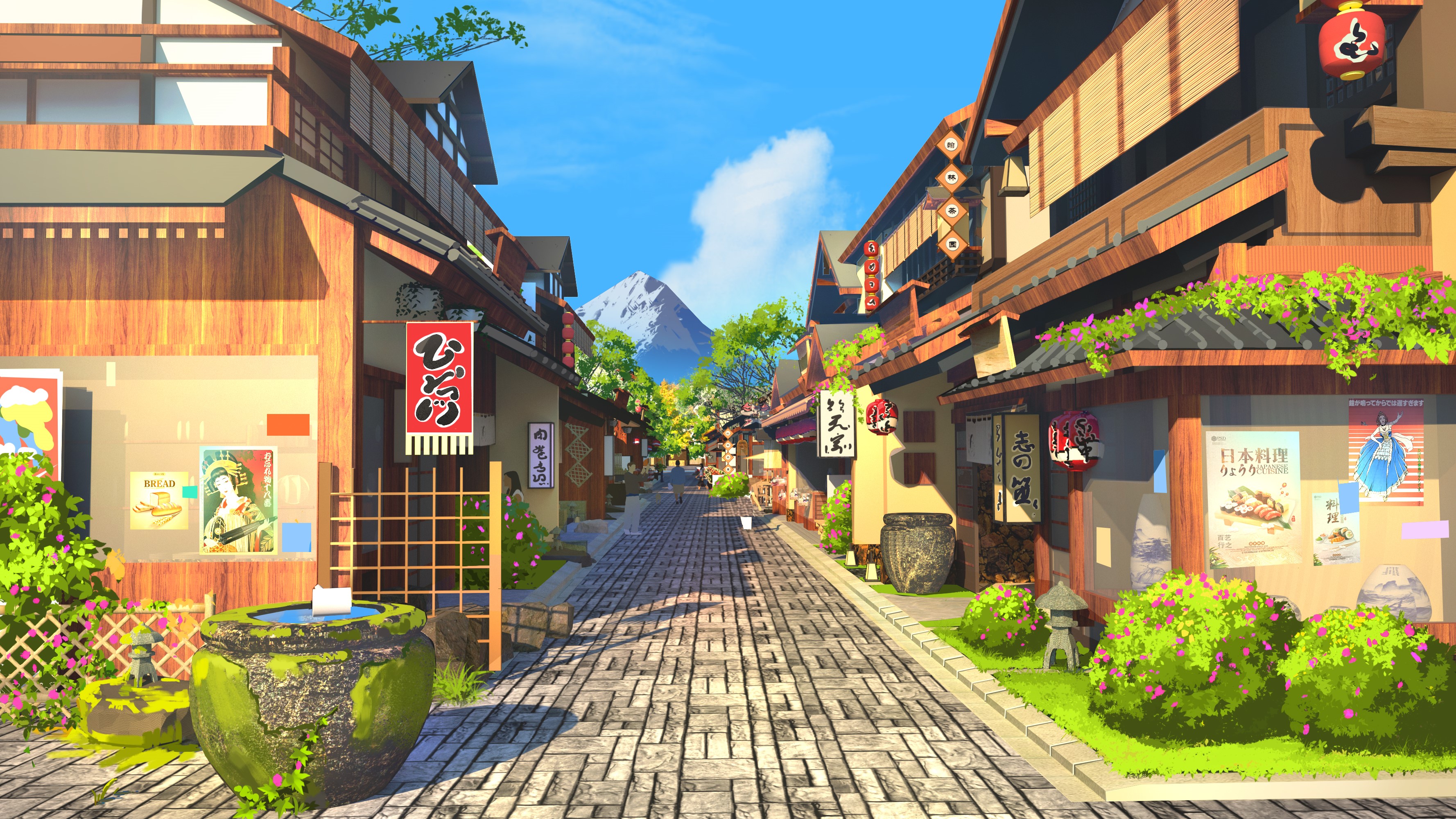 Street in a Japanese village with Mount Fuji in the background HD Wallpaper