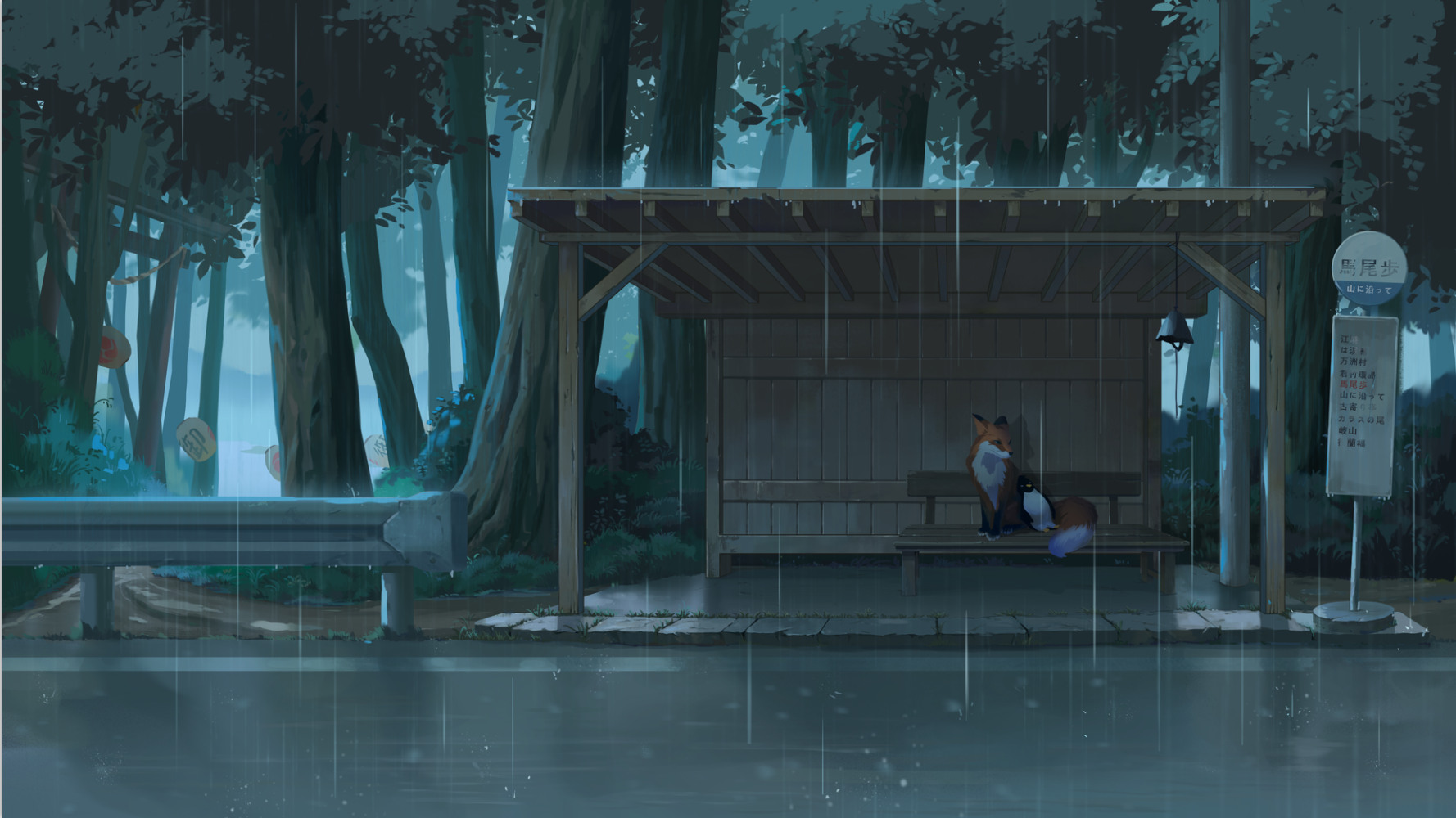 Fox and Penguin at a rainy bus stop HD Wallpaper