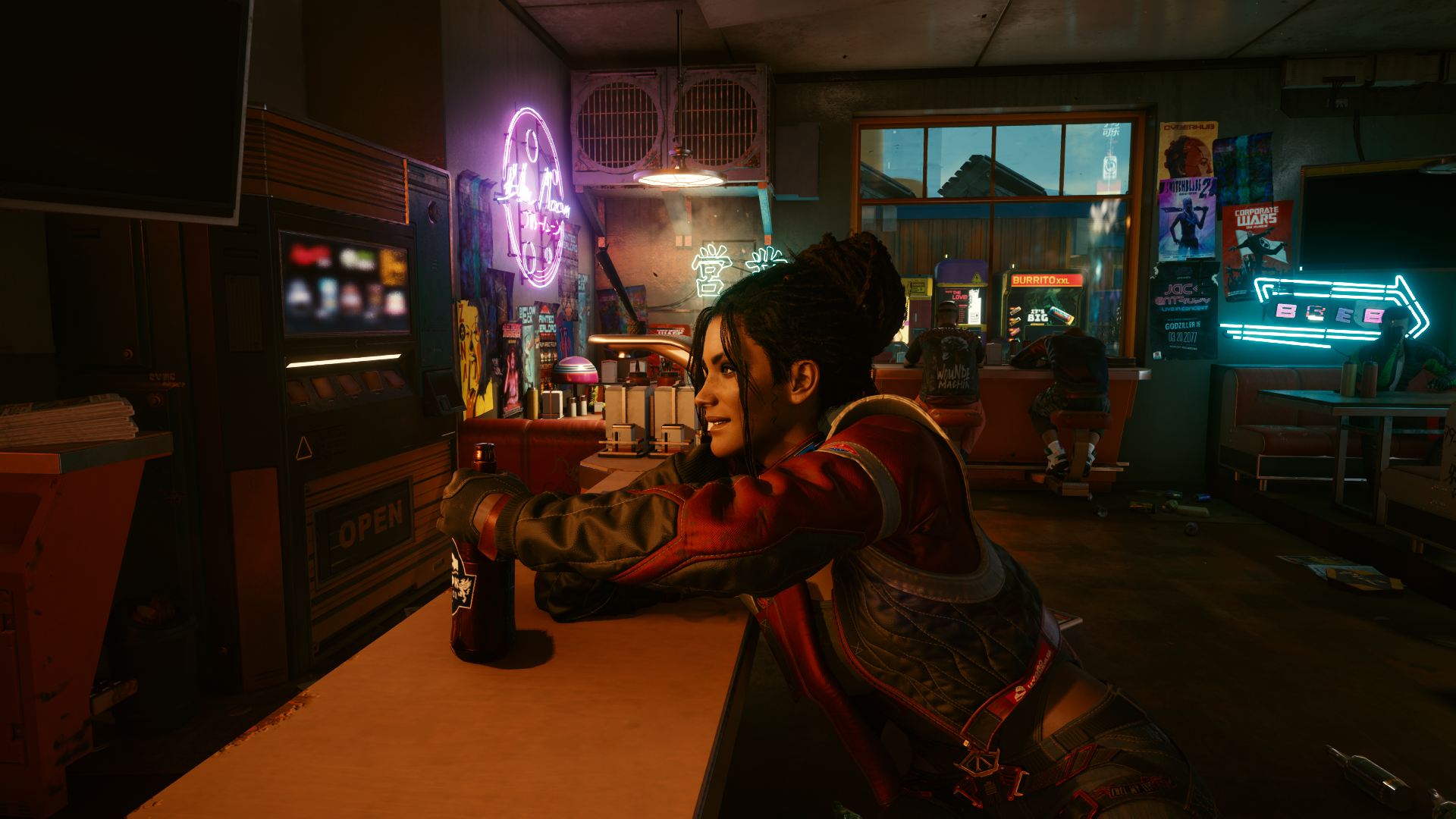 Woman drinking beer in a cyberpunk bar HD Wallpaper