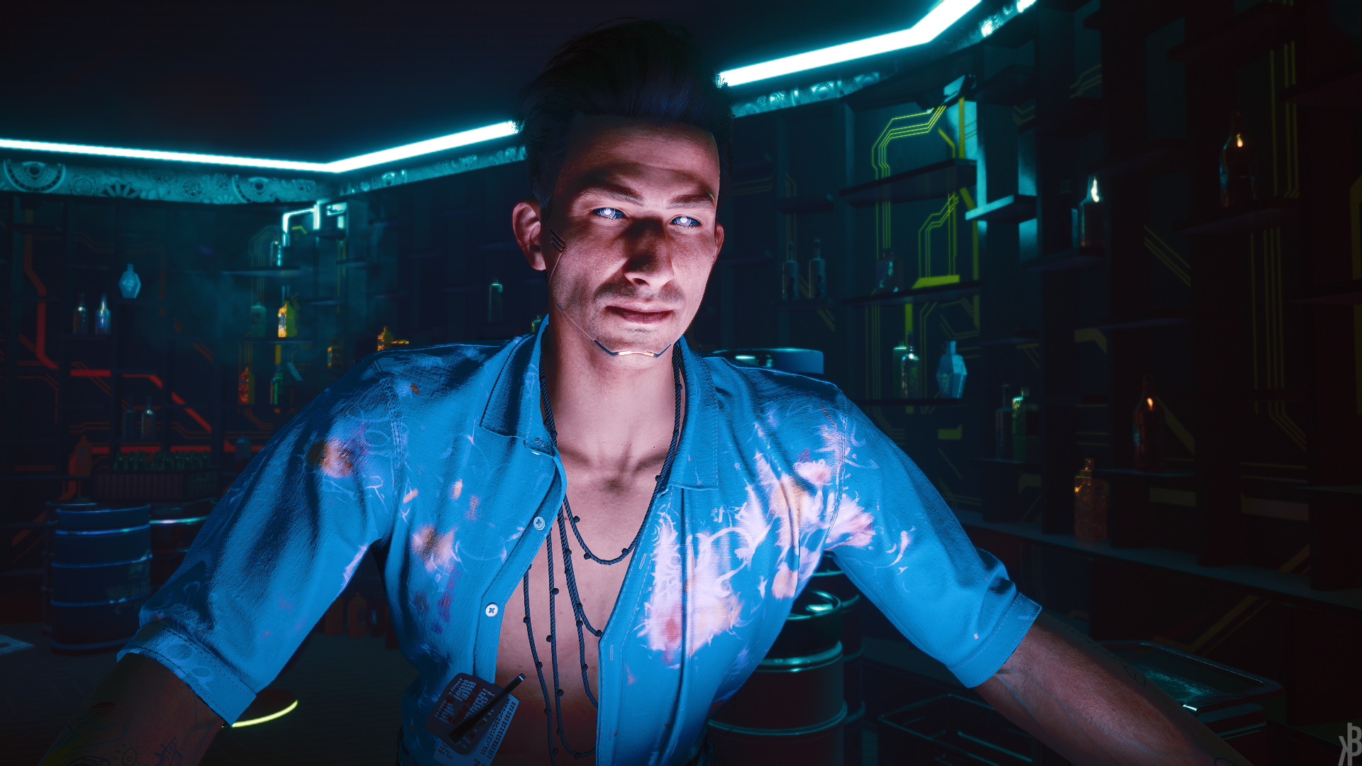 Man from Cyberpunk 2077 in a bar HD Wallpaper